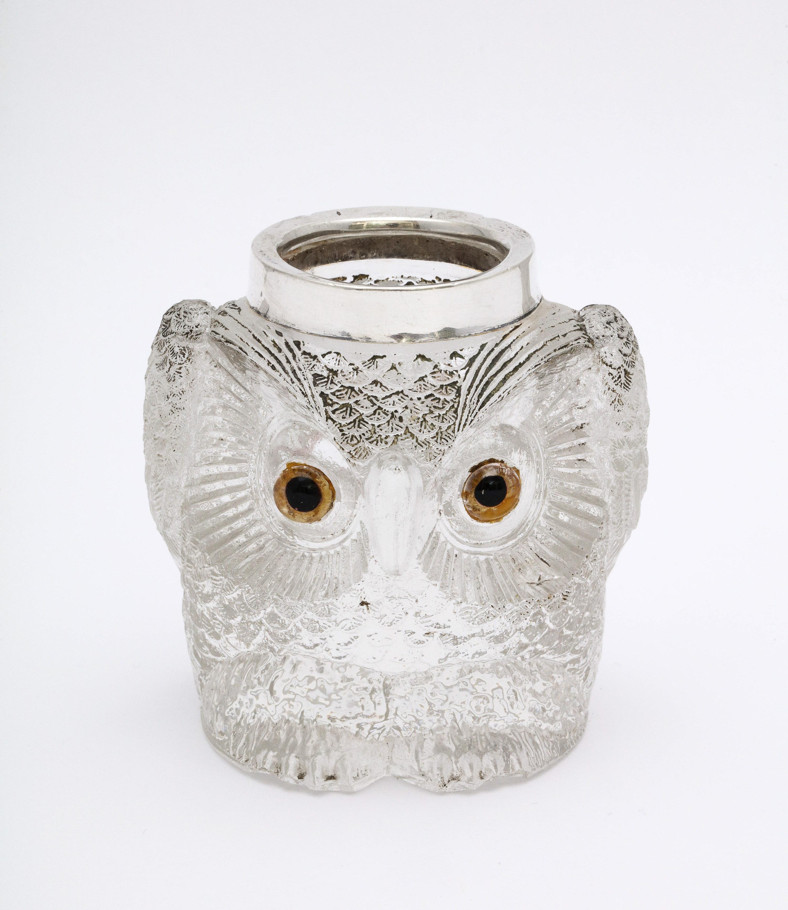 Early 20th Century Rare Art Deco Period Sterling Silver-Mounted Glass Owl-Form Match Striker For Sale