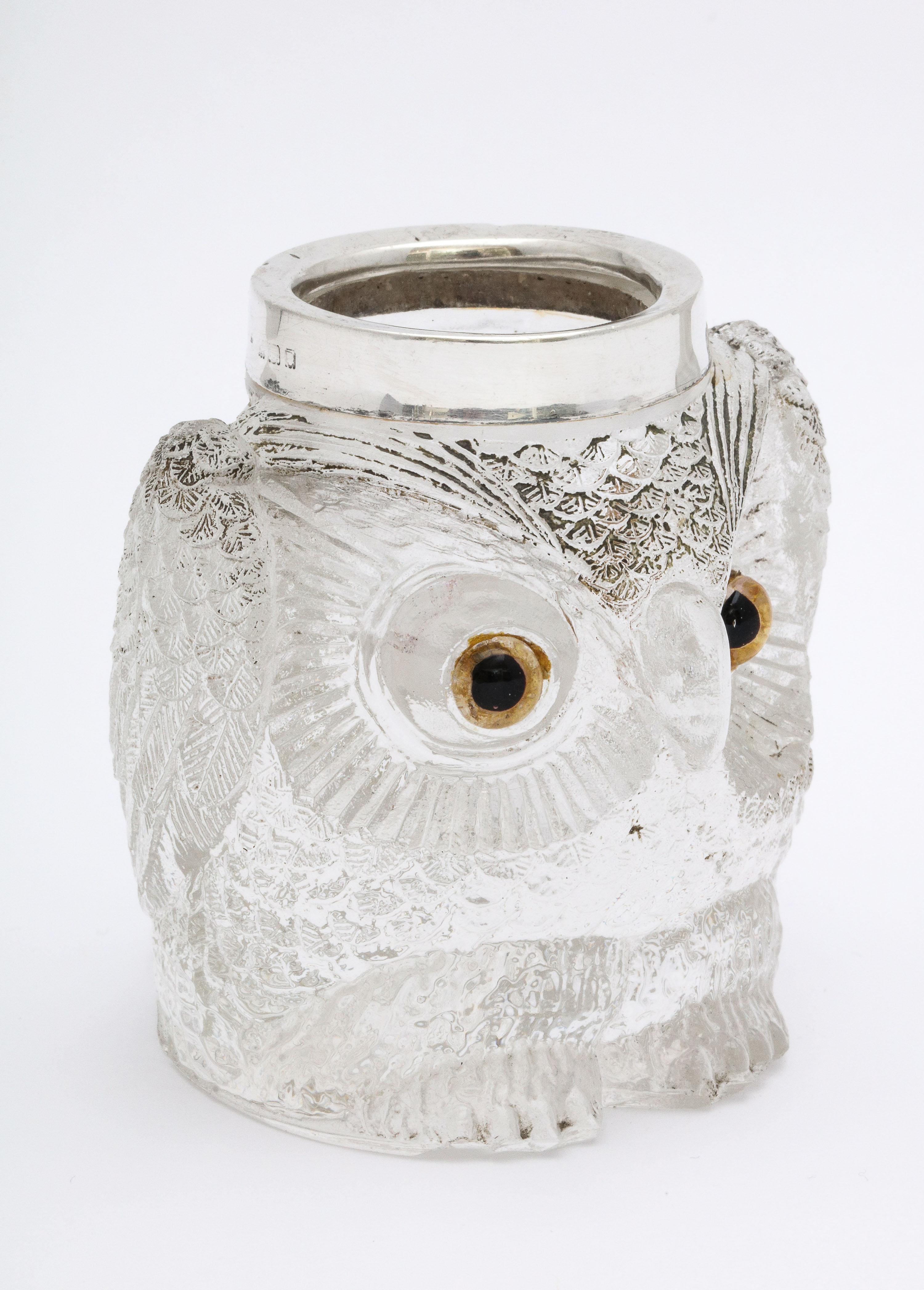 Rare Art Deco Period Sterling Silver-Mounted Glass Owl-Form Match Striker For Sale 1