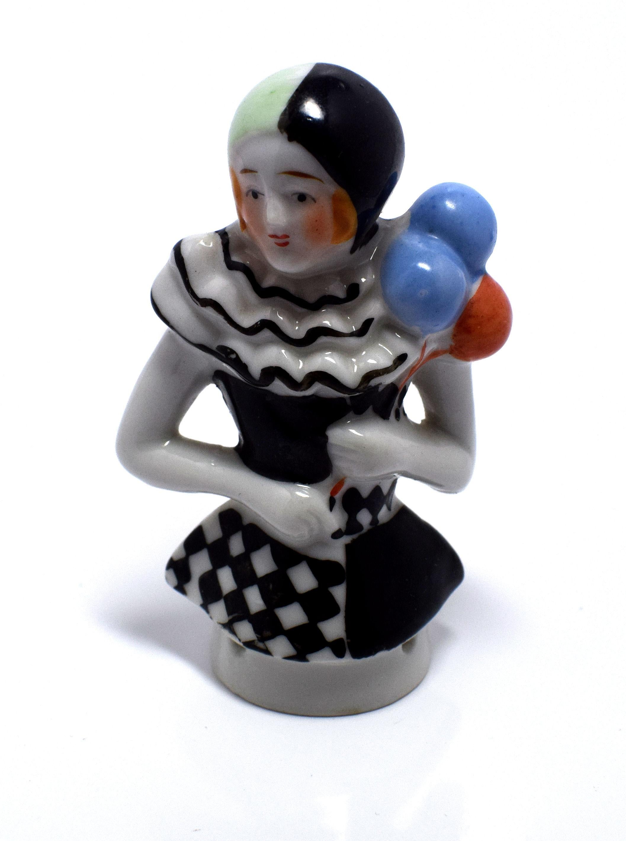 For your consideration is this petite and very skilfully painted Art Deco pin cushion head manufactured by the German factory of William Goebel. For your consideration is this rare designed Art Deco Pierette half doll Pin Cushion with Marked Foreign