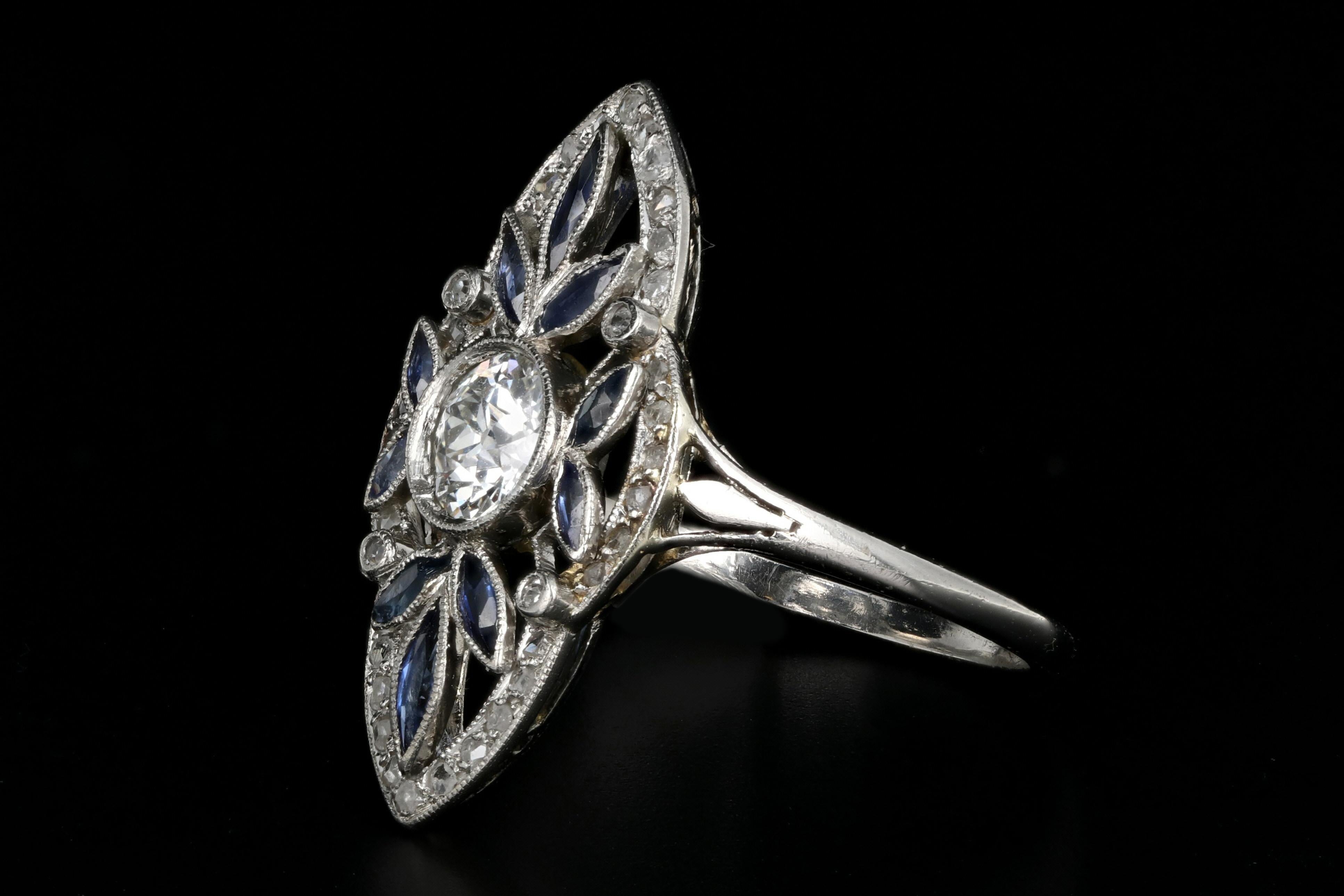 Rare Art Deco Platinum .5 Carat Old European Cut Diamond & Natural Sapphire Ring In Good Condition In Cape May, NJ