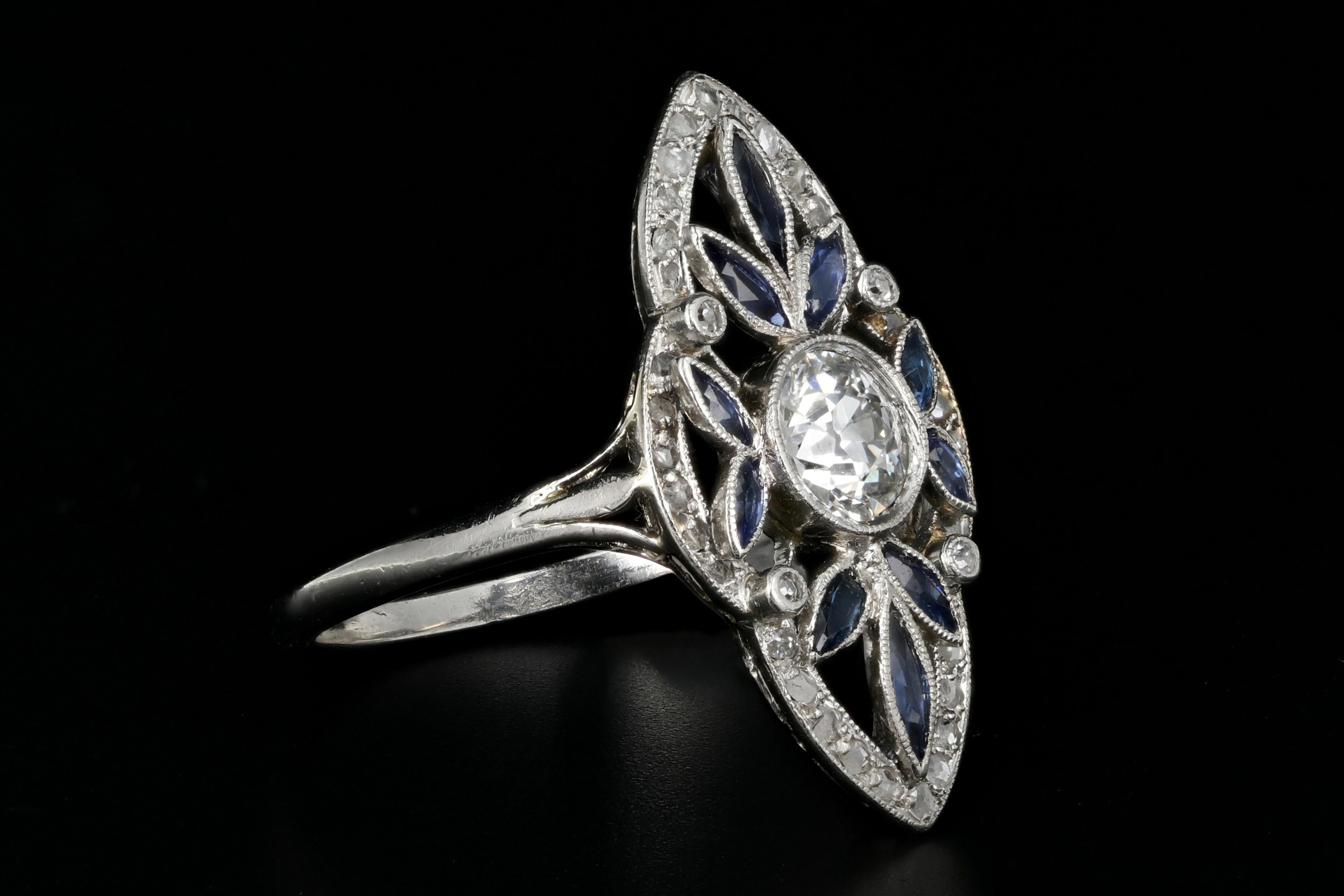Women's Rare Art Deco Platinum .5 Carat Old European Cut Diamond & Natural Sapphire Ring