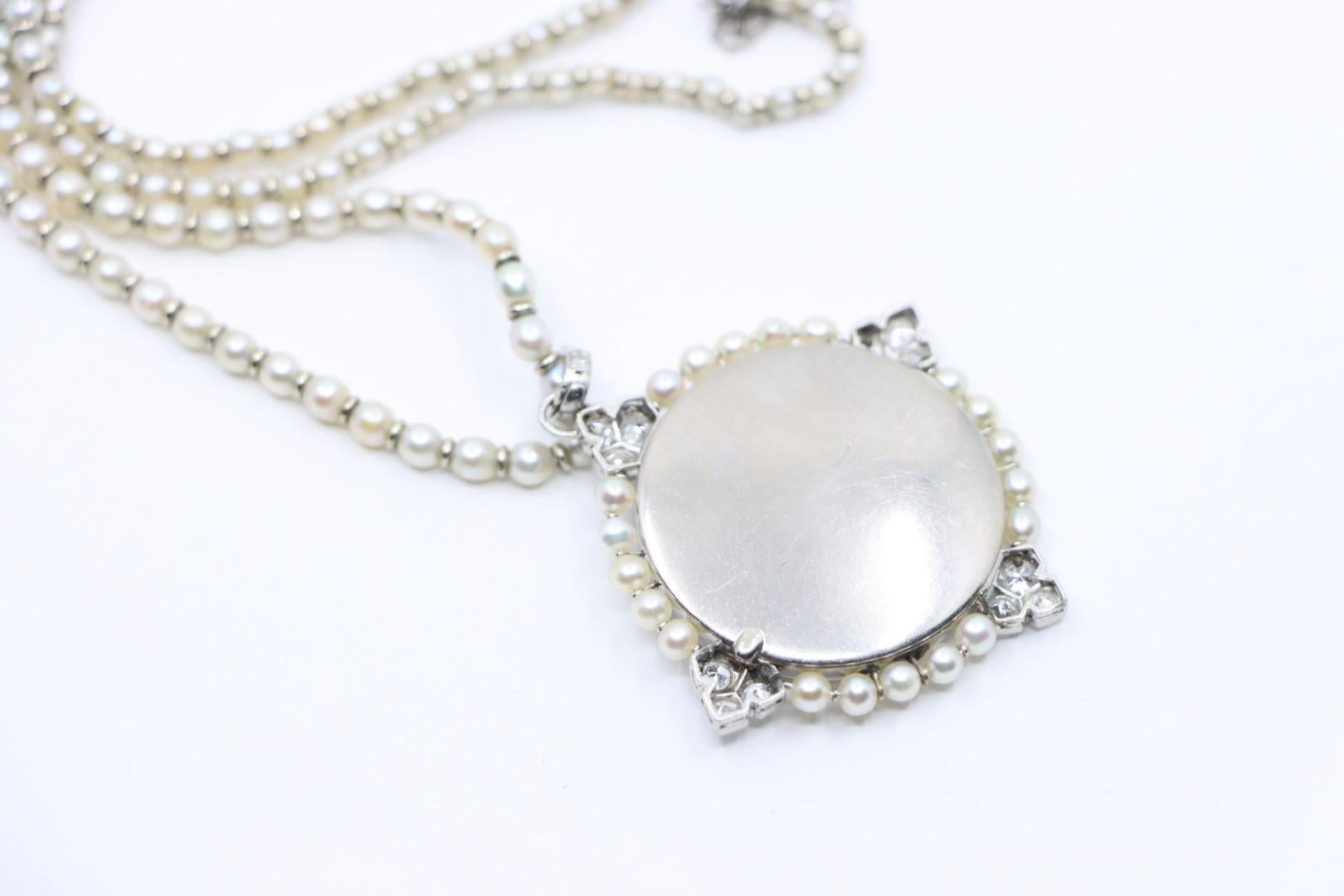Rare Art Deco Platinum Natural Pearl Diamond Locket Pendant Necklace For Sale 6
