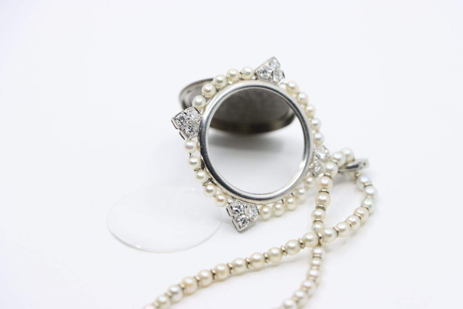 Rare Art Deco Platinum Natural Pearl Diamond Locket Pendant Necklace For Sale 7