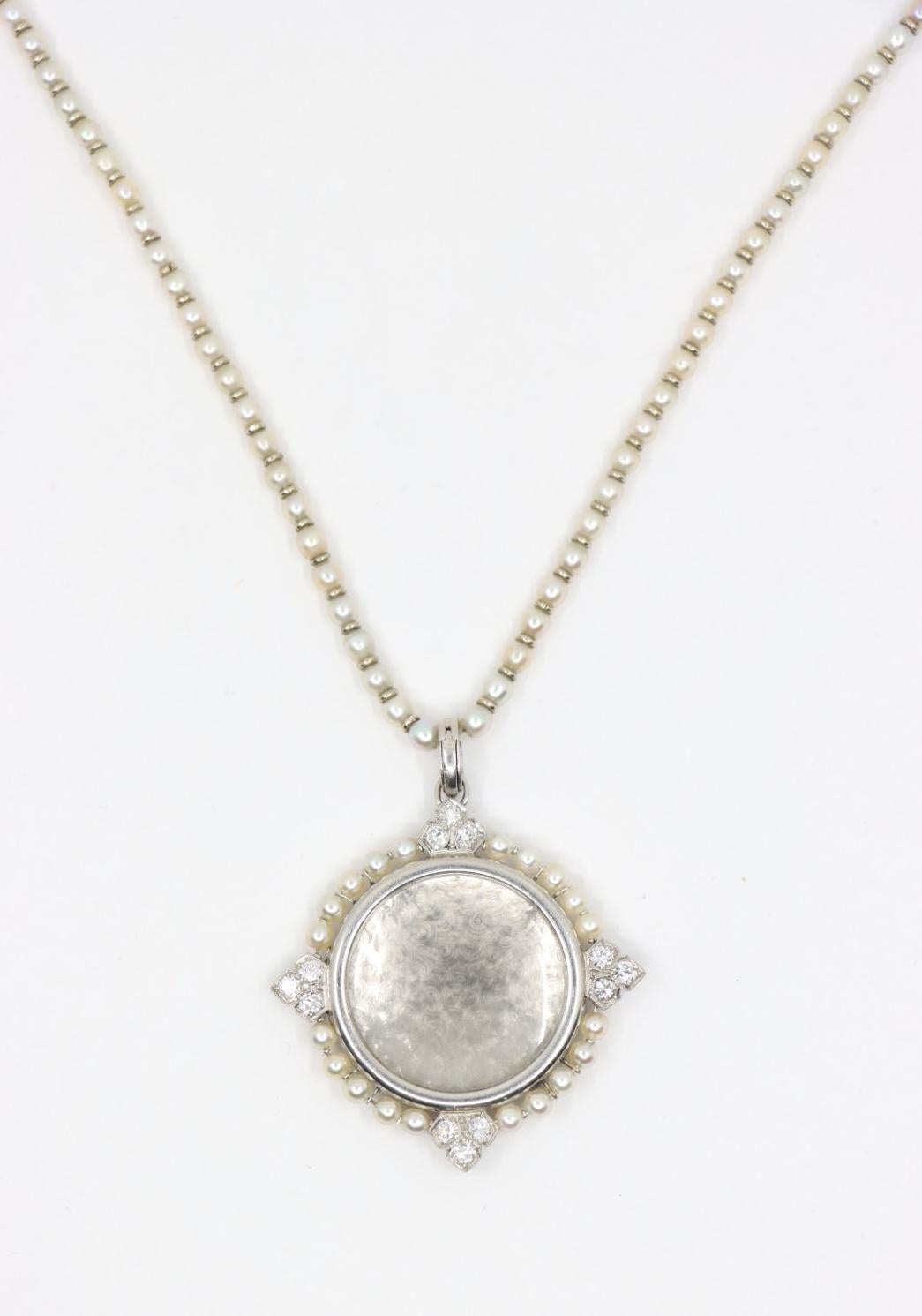 Round Cut Rare Art Deco Platinum Natural Pearl Diamond Locket Pendant Necklace For Sale