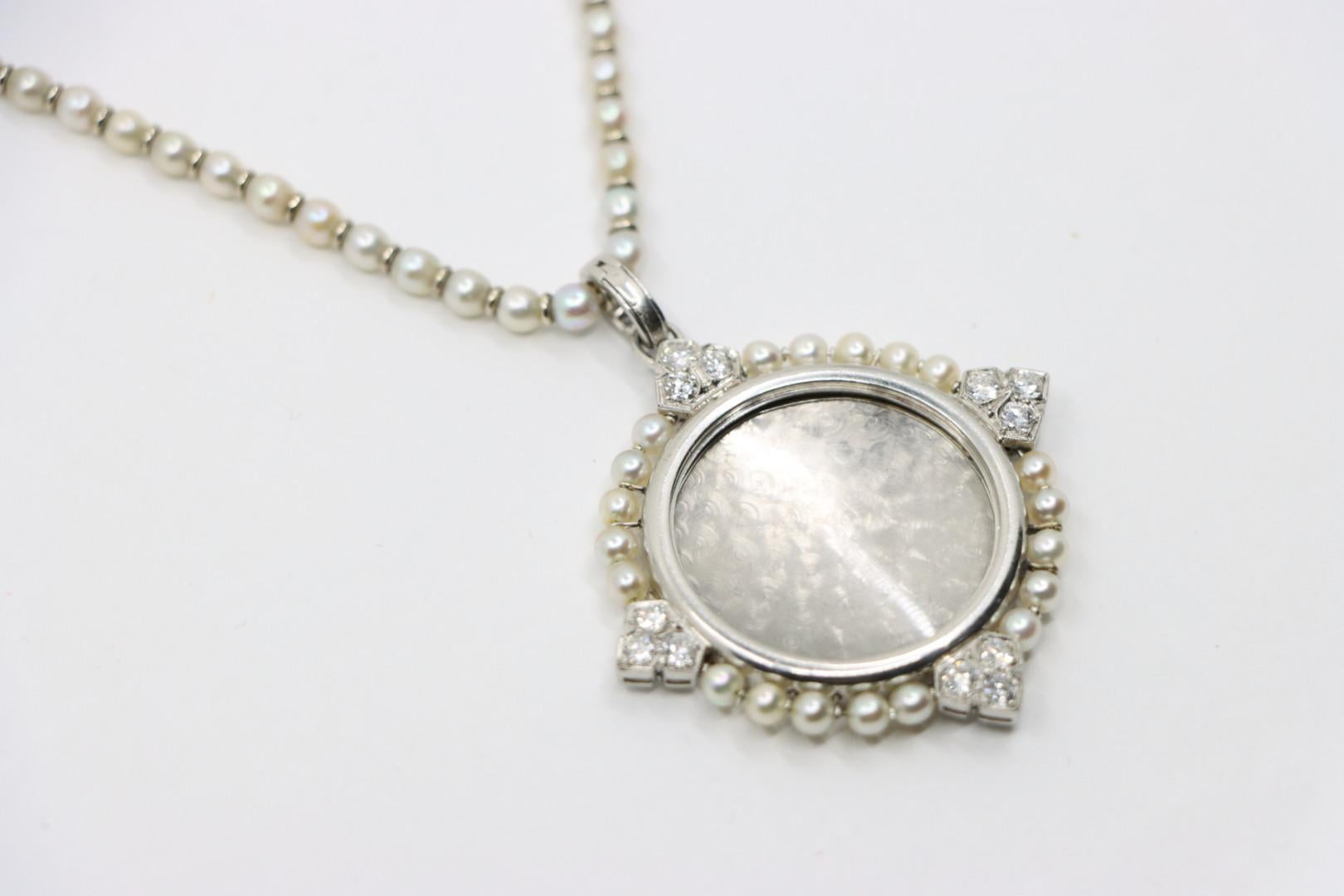 Women's or Men's Rare Art Deco Platinum Natural Pearl Diamond Locket Pendant Necklace For Sale