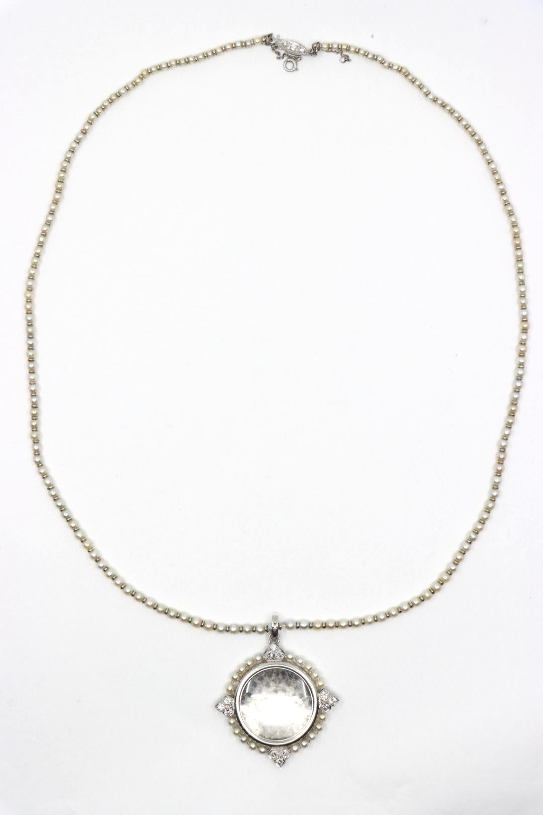 Rare Art Deco Platinum Natural Pearl Diamond Locket Pendant Necklace For Sale 1