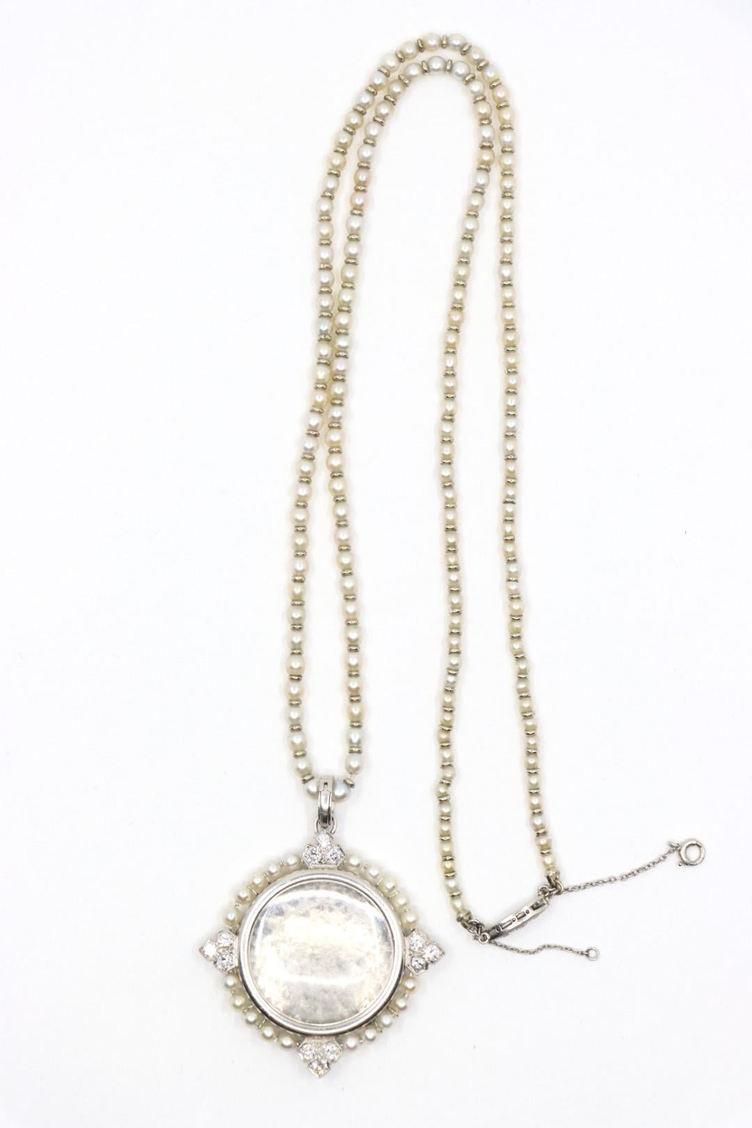 Rare Art Deco Platinum Natural Pearl Diamond Locket Pendant Necklace For Sale 2
