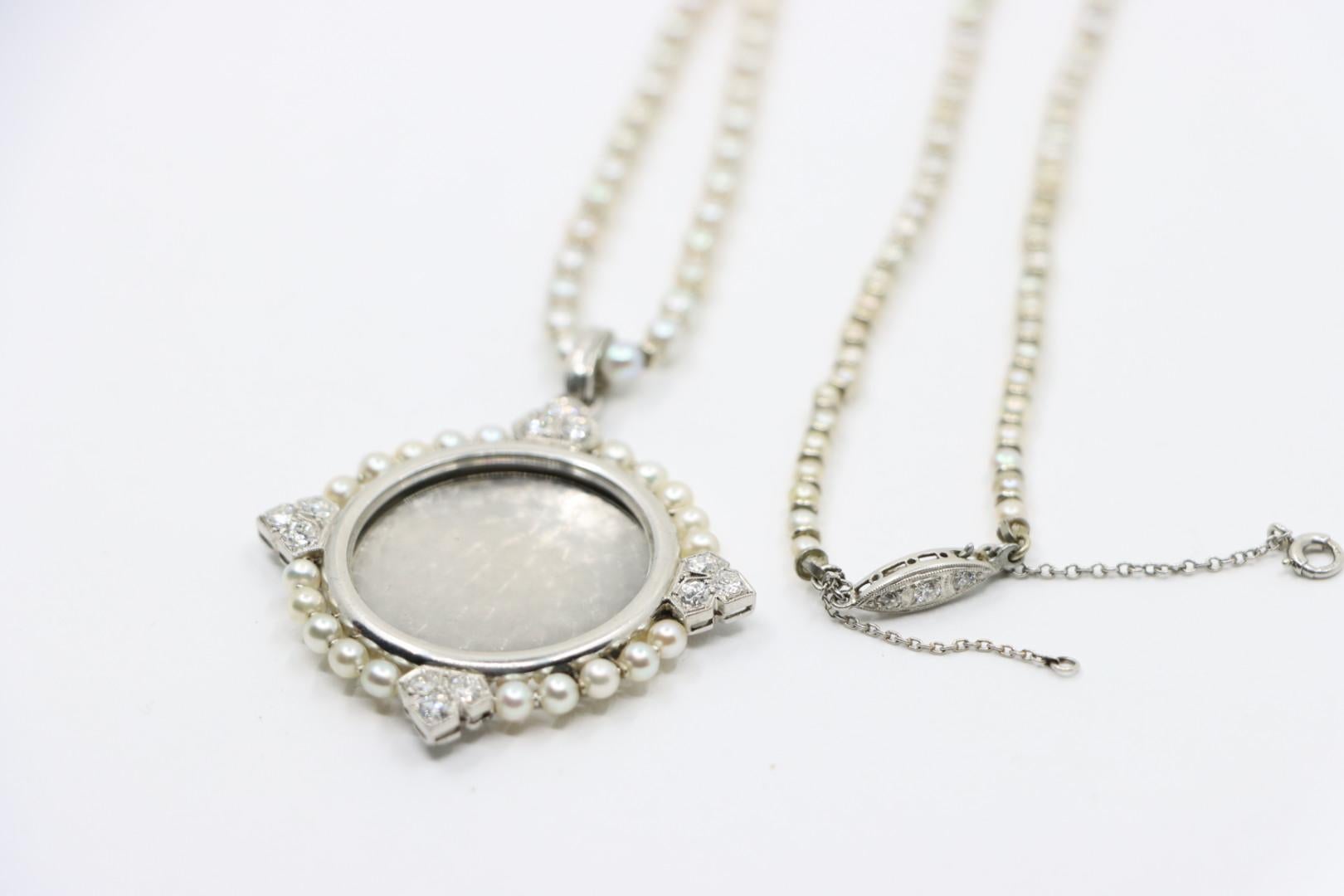 Rare Art Deco Platinum Natural Pearl Diamond Locket Pendant Necklace For Sale 3
