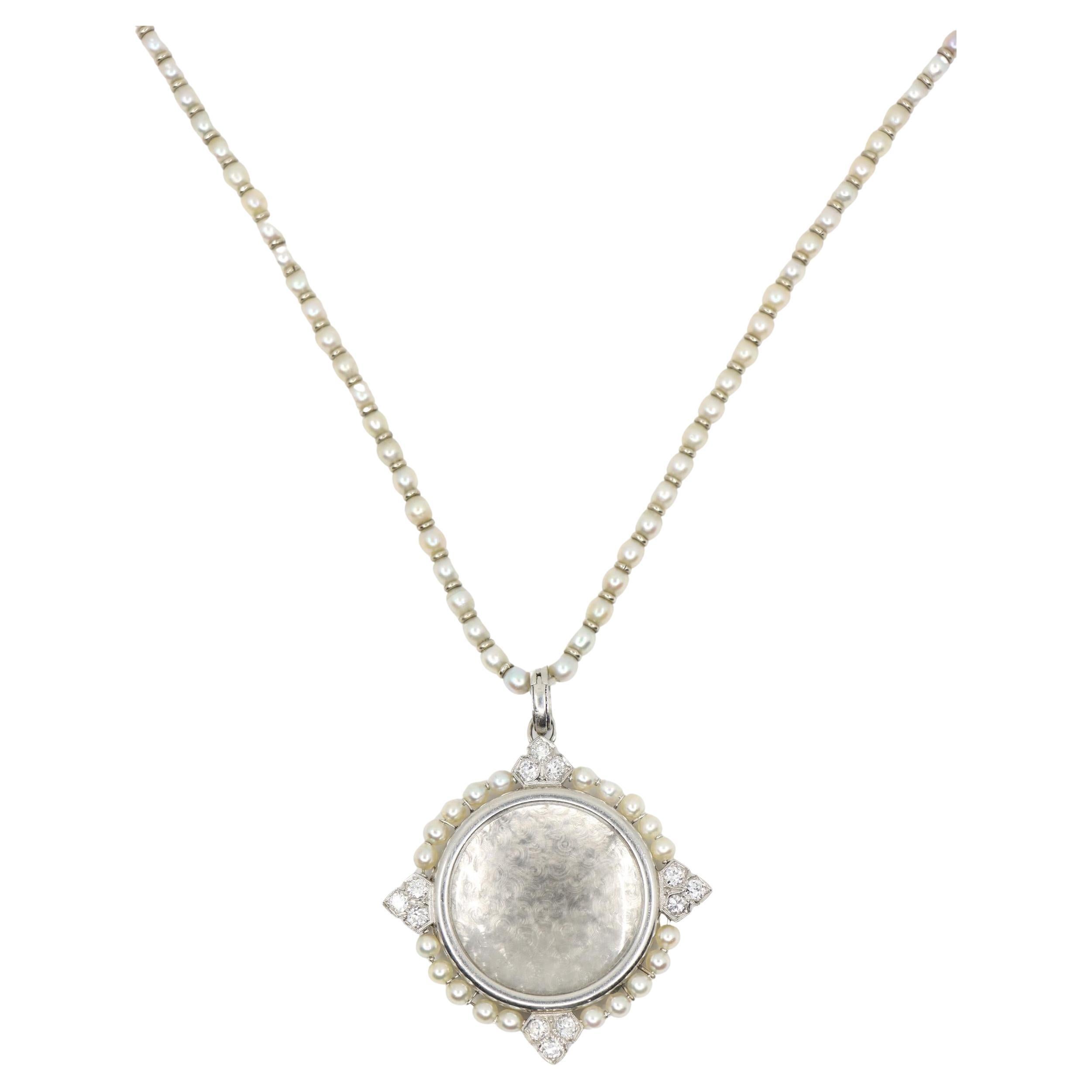 Rare Art Deco Platinum Natural Pearl Diamond Locket Pendant Necklace