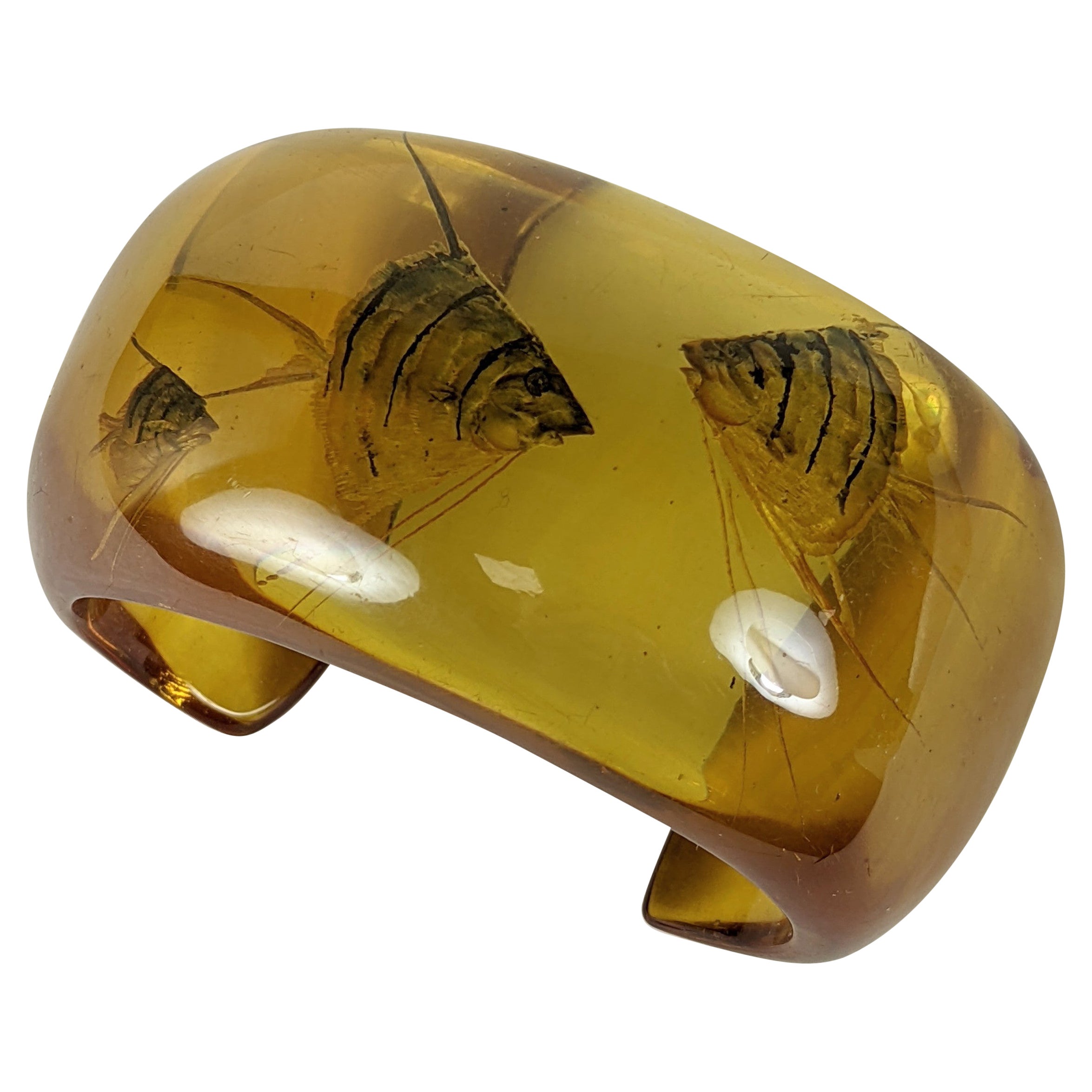 Rare Art Deco Reverse Carved Apple Juice Bakelite Aquarium Cuff For Sale