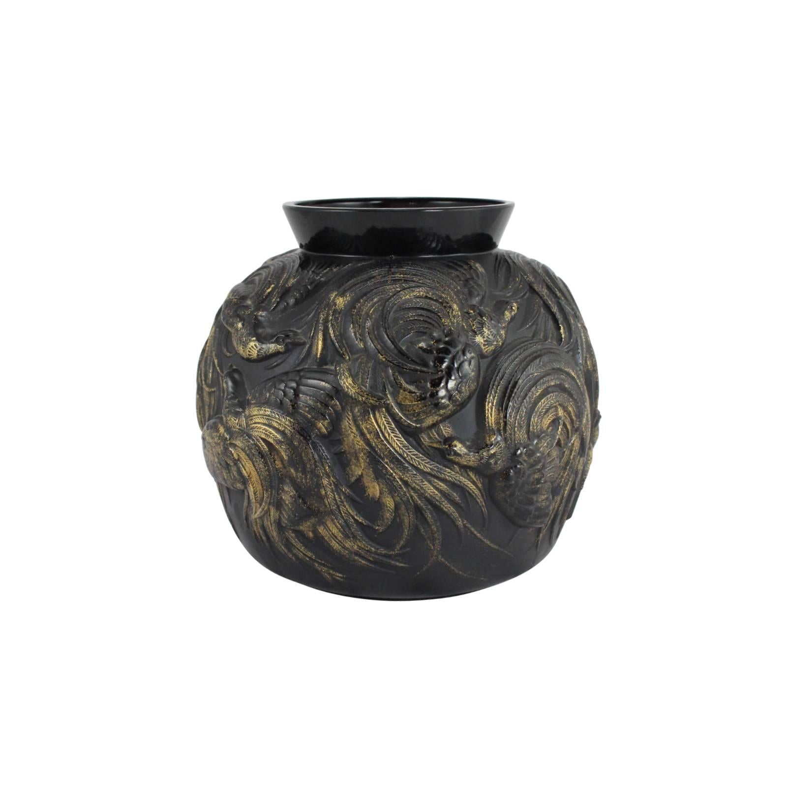 Art Glass Rare Art Deco Sabino Black and Gold Glass Vase For Sale
