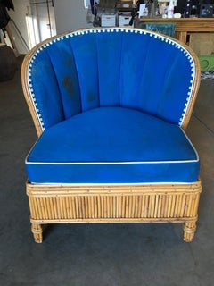 Rare Art Deco Shell Back Stick Rattan Lounge Chairs