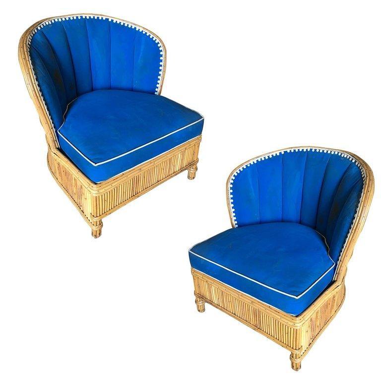 Rare Art Deco Shell Back Stick Rattan Lounge Chairs