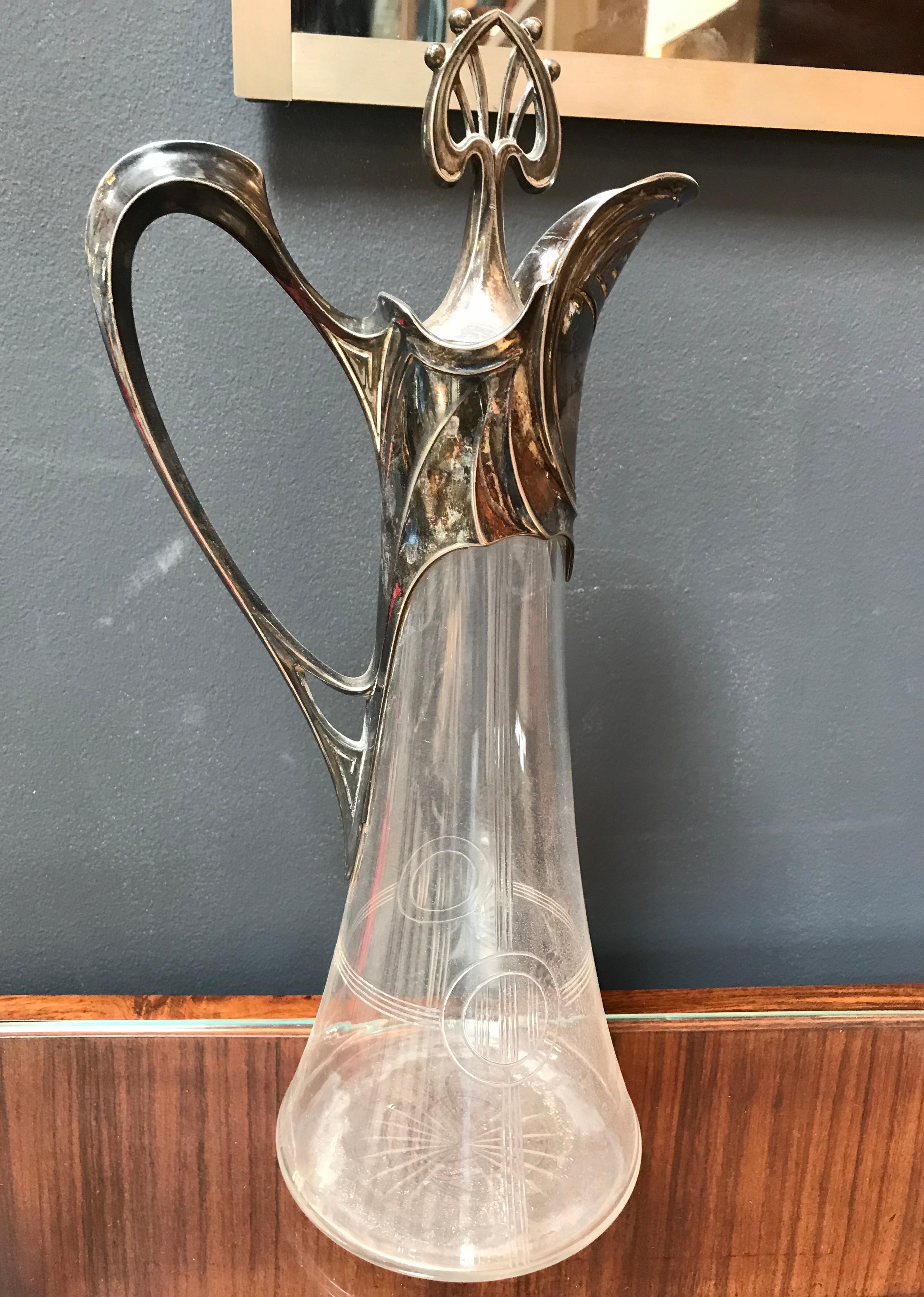 Rare Art Deco silver plate and crystal set of 2 pitcher, Italy, 1930s.