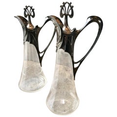 Rare Art Deco Silver Plate and Crystal Set 2 Pitchers, Italy, 1930s