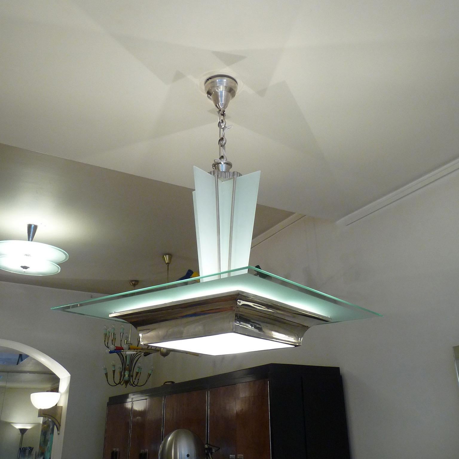 French Rare Art Deco Silver Plate and Glass, Ceiling Light, Jean Damon, France 1930s For Sale