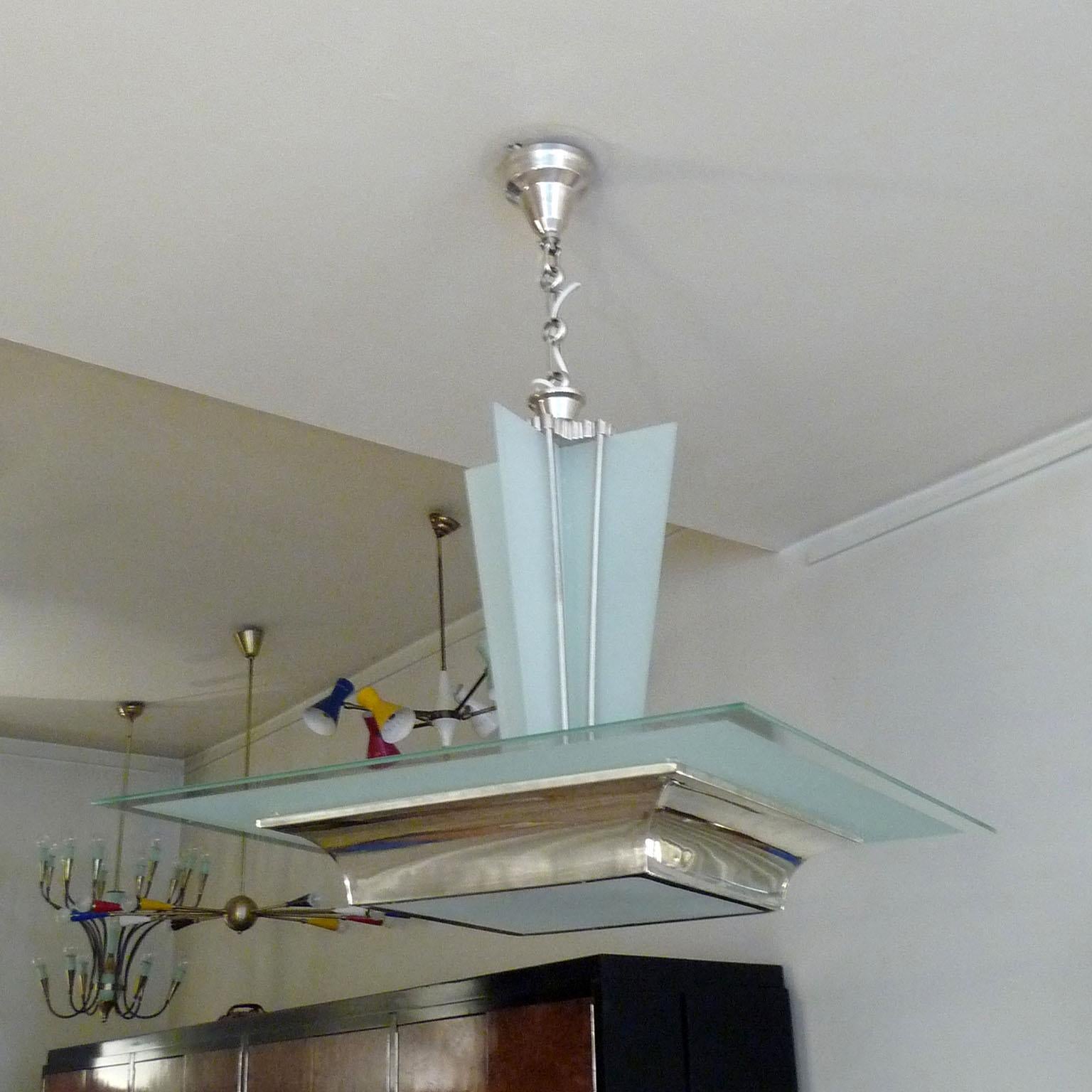 Plated Rare Art Deco Silver Plate and Glass, Ceiling Light, Jean Damon, France 1930s For Sale