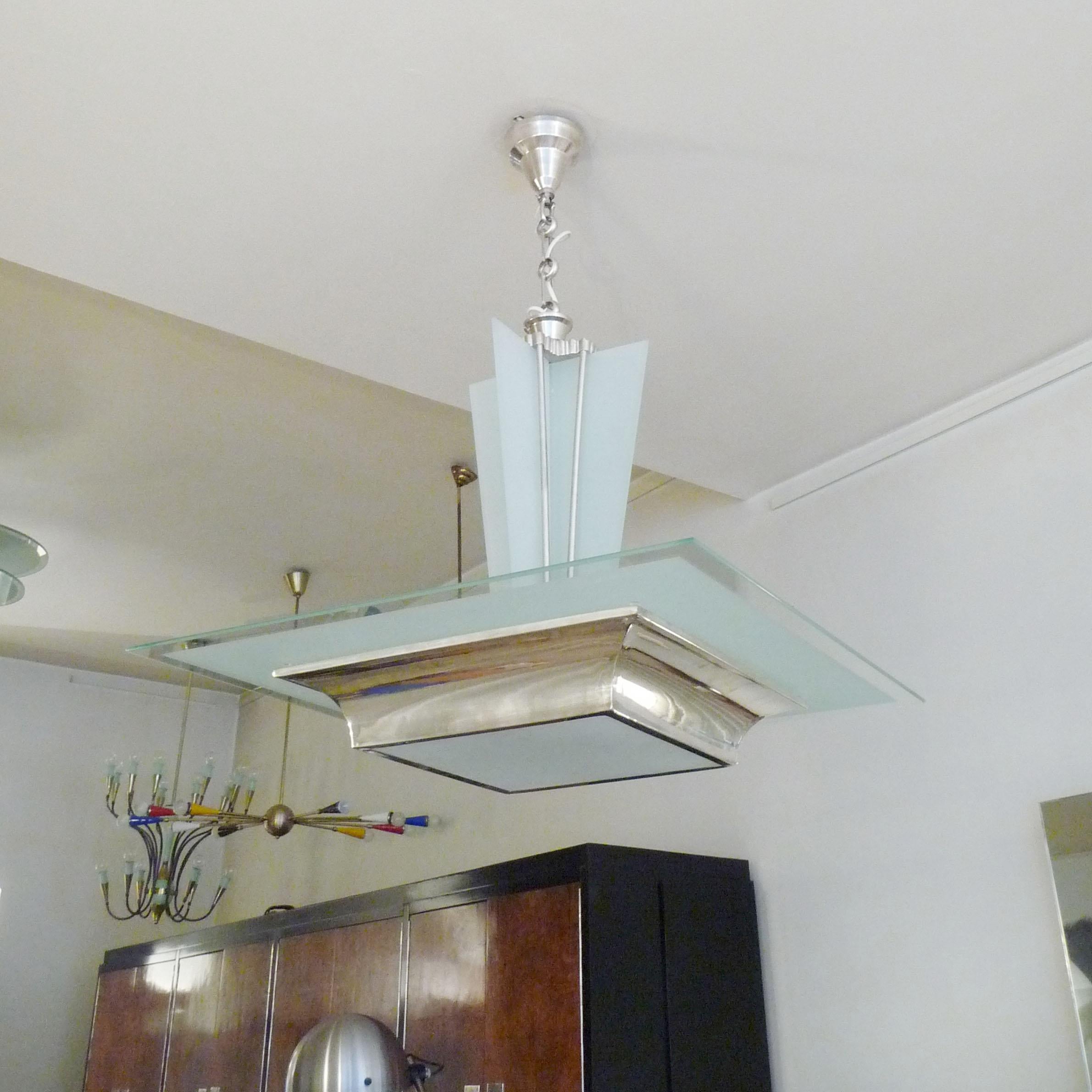 Rare Art Deco Silver Plate and Glass, Ceiling Light, Jean Damon, France 1930s In Good Condition For Sale In Bochum, NRW