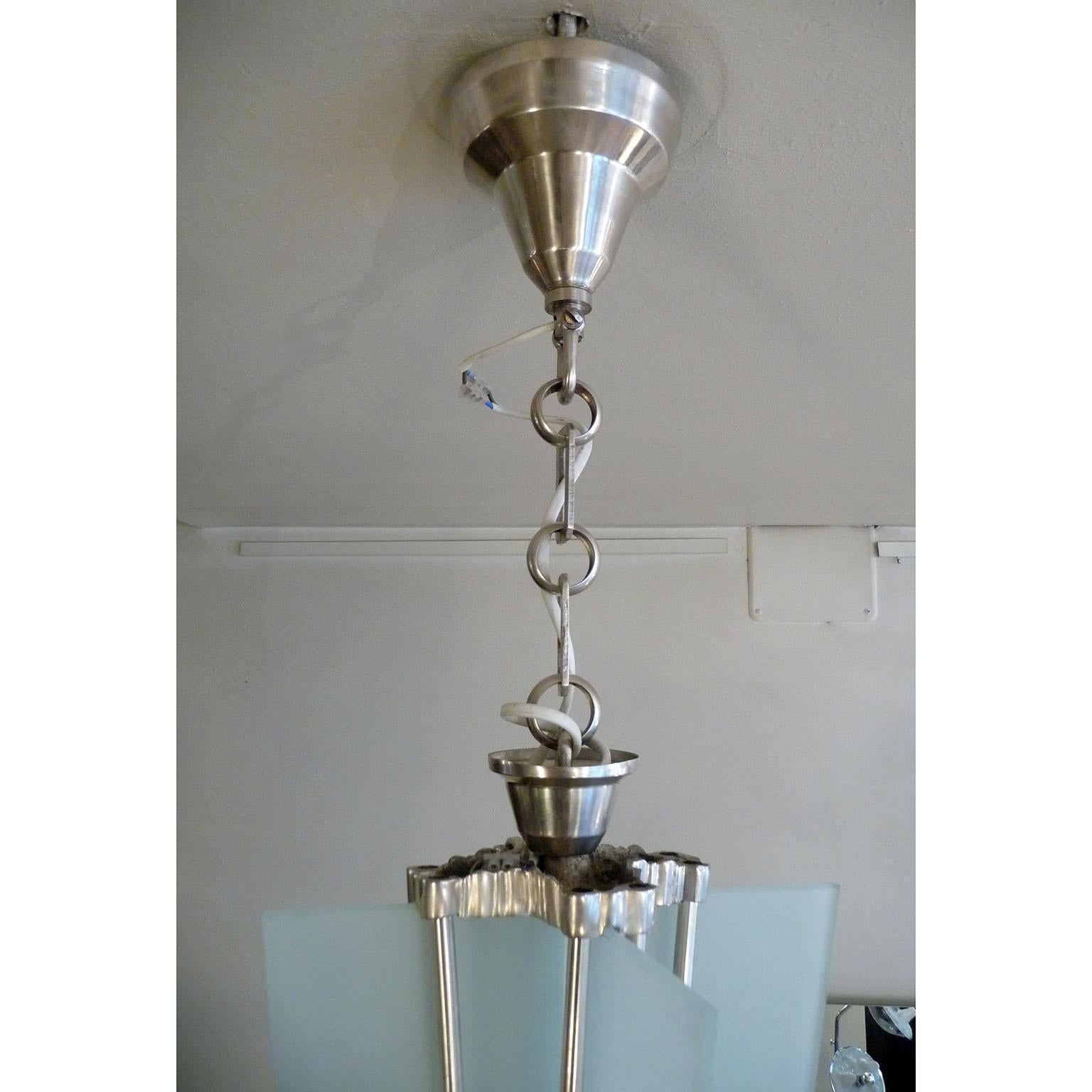 Metal Rare Art Deco Silver Plate and Glass, Ceiling Light, Jean Damon, France 1930s For Sale