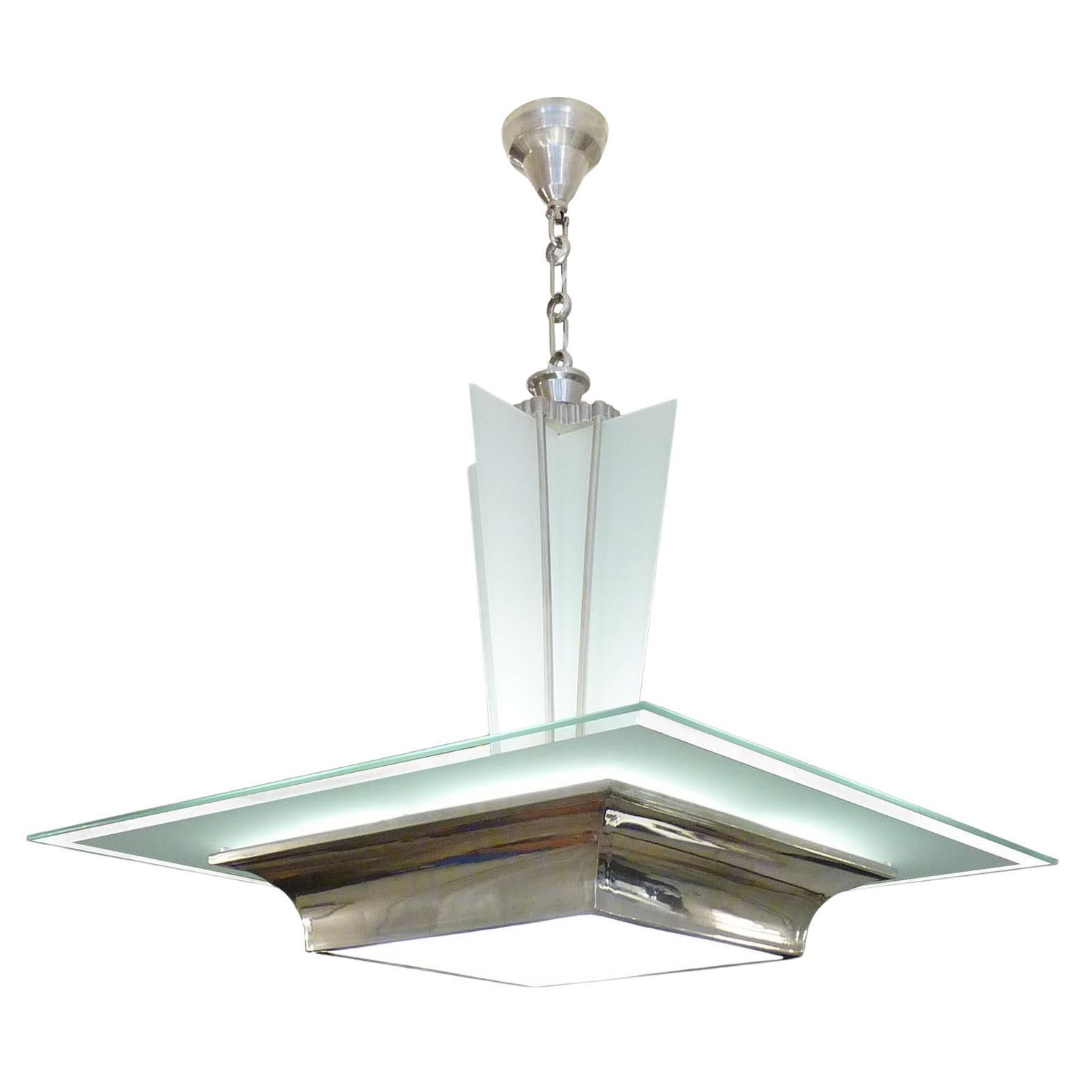 Rare Art Deco Silver Plate and Glass, Ceiling Light, Jean Damon, France 1930s For Sale