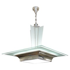 Plafonnier Art Déco rare en métal argenté et verre, Jean Damon, France, années 1930