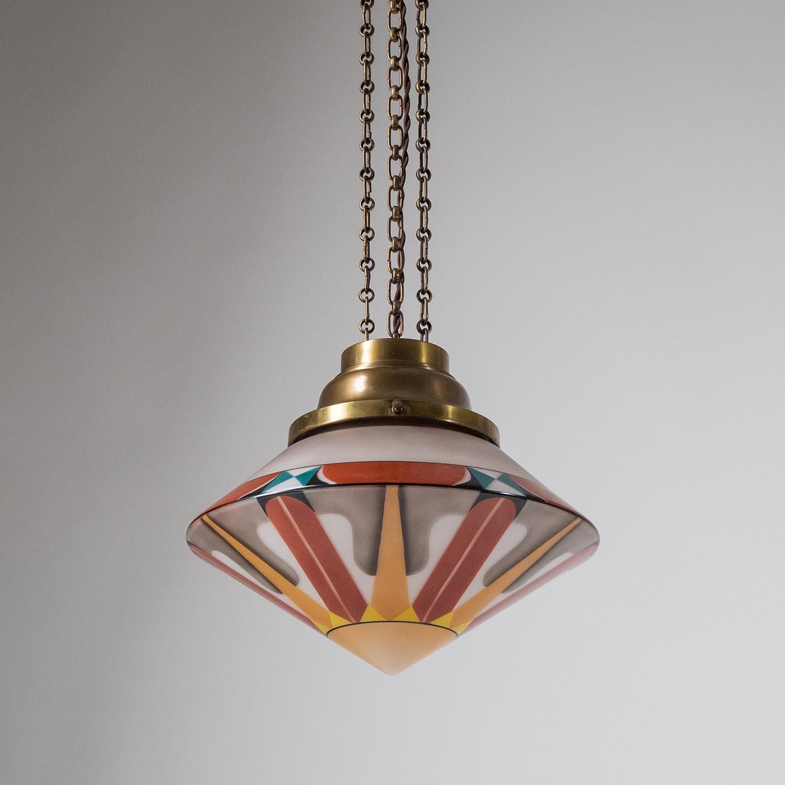 German Rare Art Deco Suspension Light, 1920s, Enameled Glass