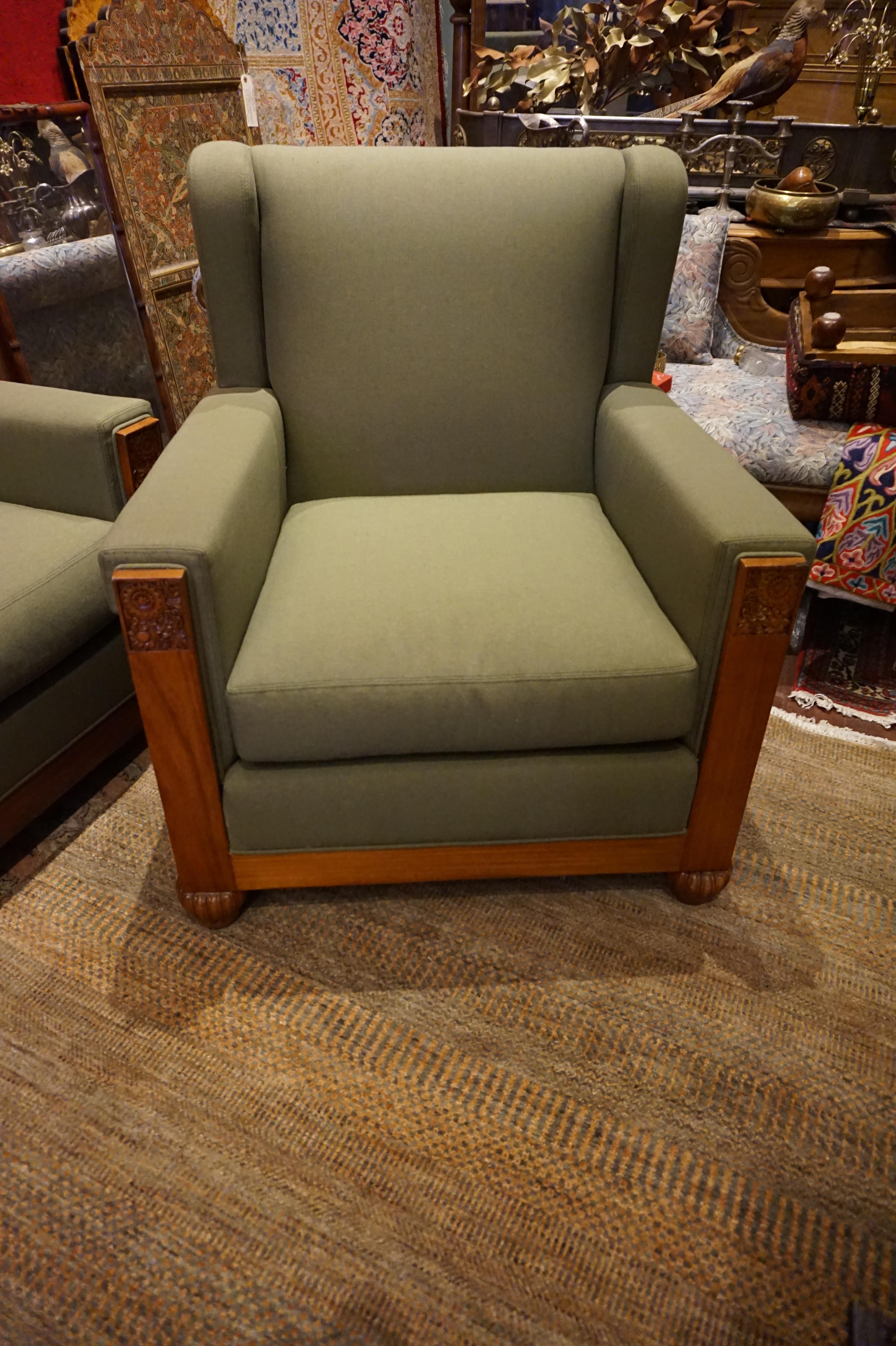 Rare Art Deco Teak Carved Paul Follot Attributed Wingback Settee & Arm Chairs 3