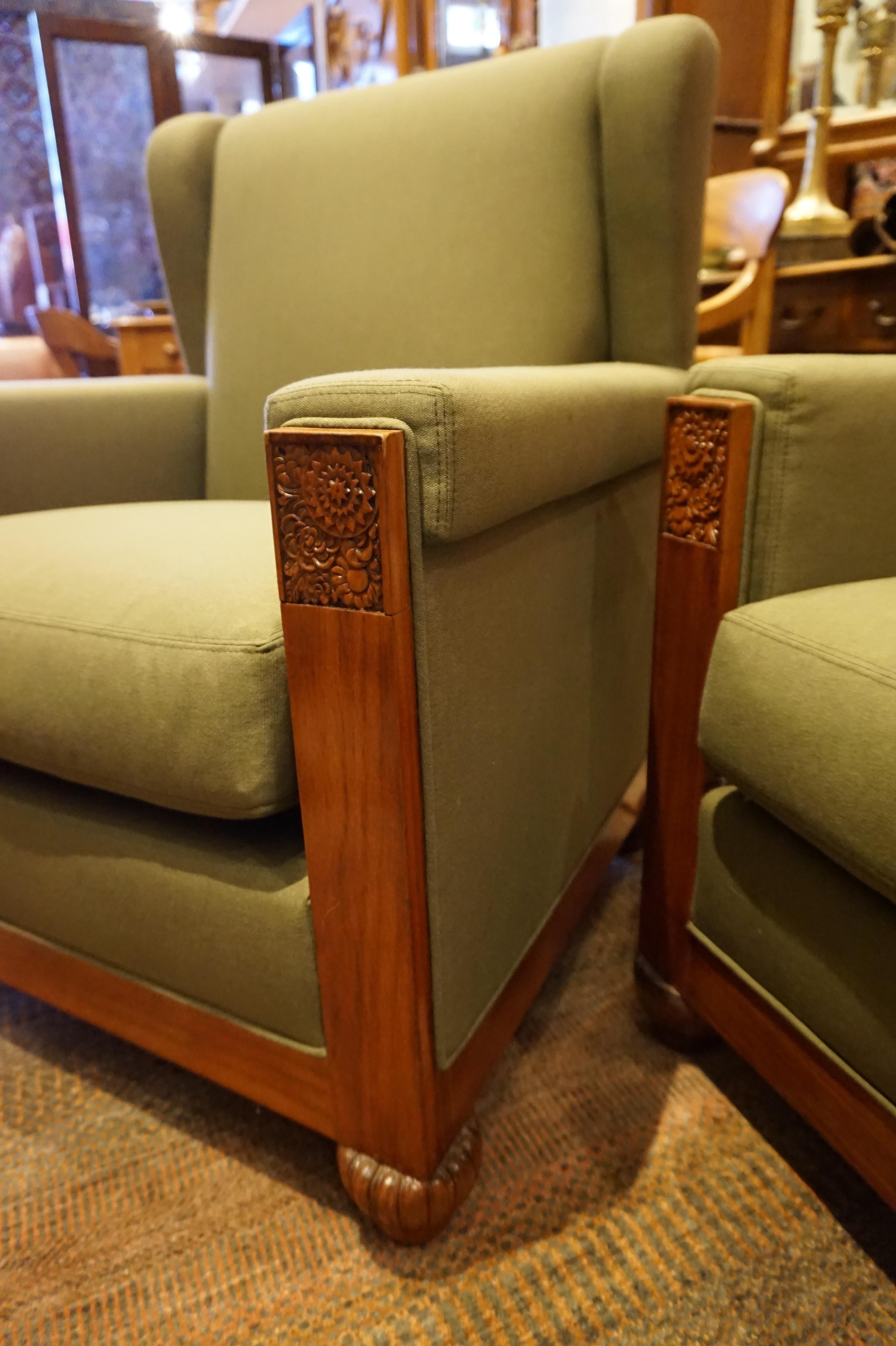 Hand-Carved Rare Art Deco Teak Carved Paul Follot Attributed Wingback Settee & Arm Chairs