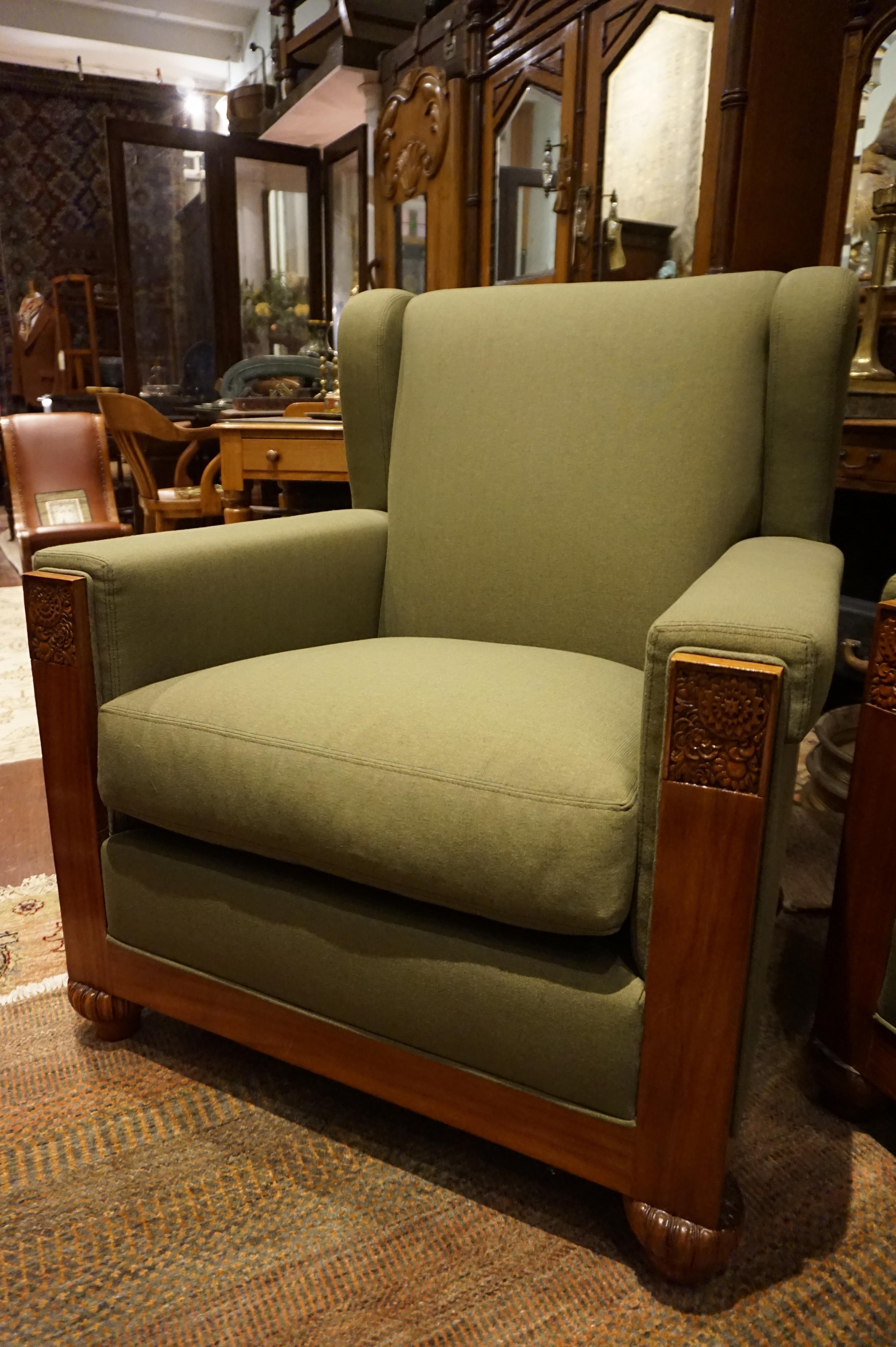 Rare Art Deco Teak Carved Paul Follot Attributed Wingback Settee & Arm Chairs 2