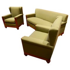 Rare Art Deco Teak Carved Paul Follot Attributed Wingback Settee & Arm Chairs