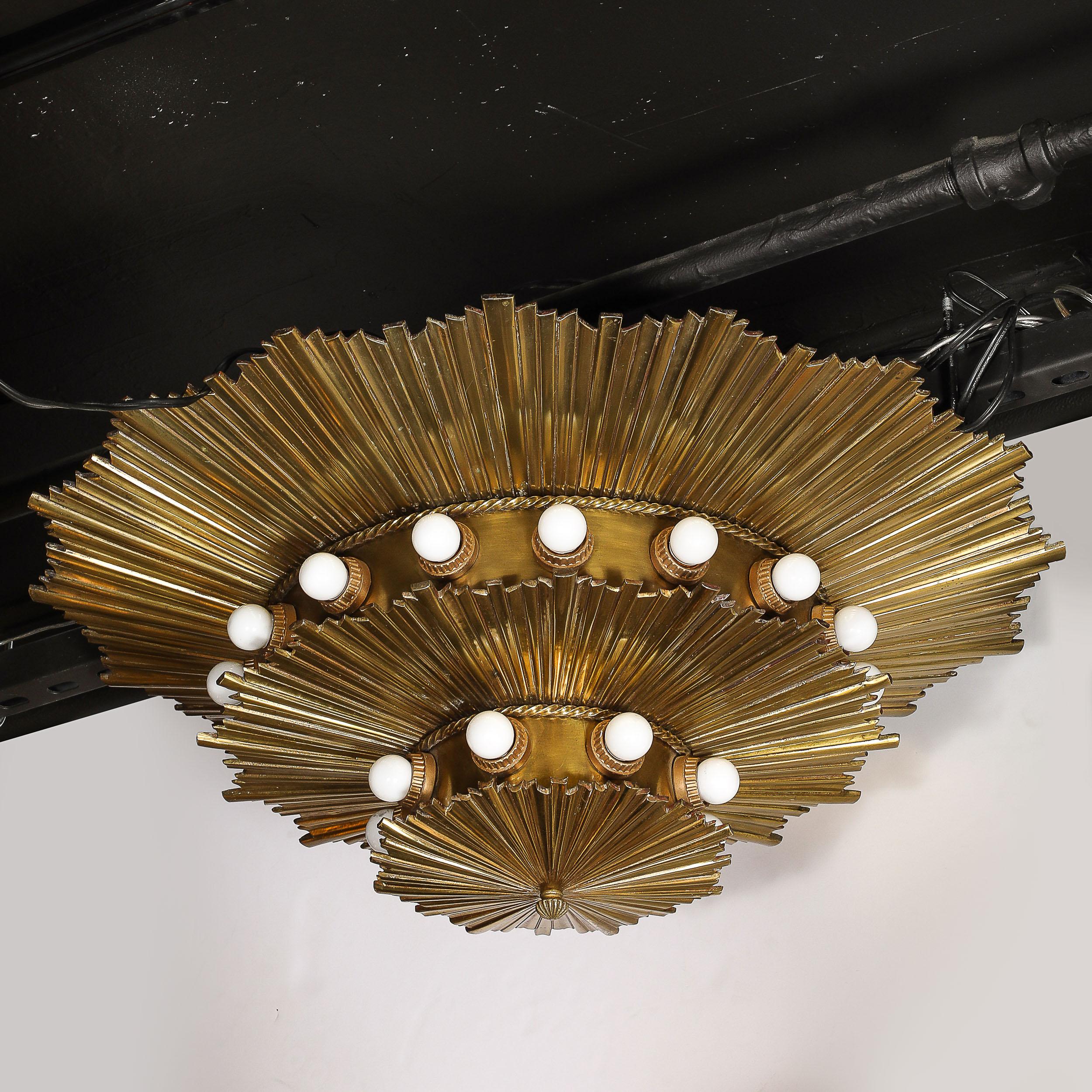 Rare Art Deco Three-Tier Starburst Gilt Bronze Flush Mount Chandelier 5