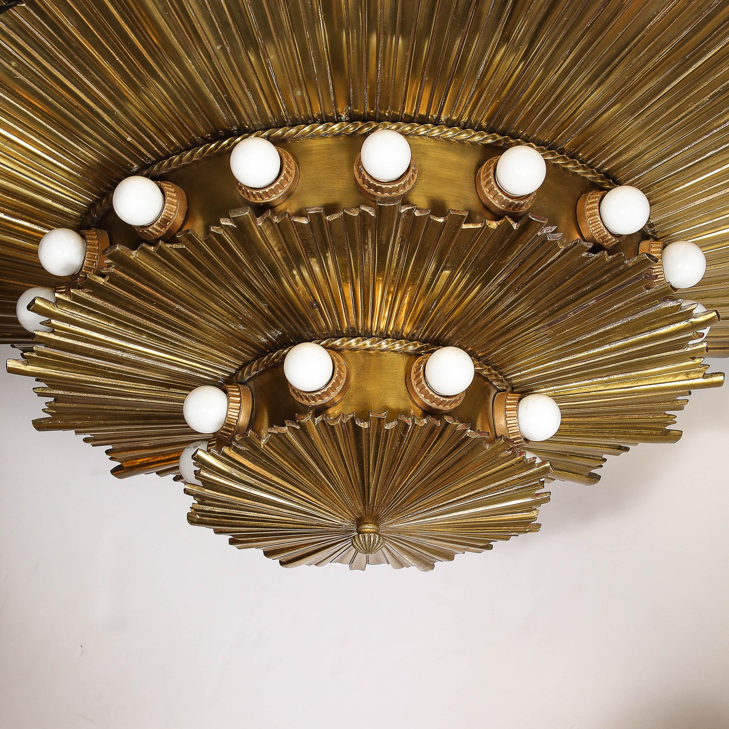 Rare Art Deco Three-Tier Starburst Gilt Bronze Flush Mount Chandelier 6