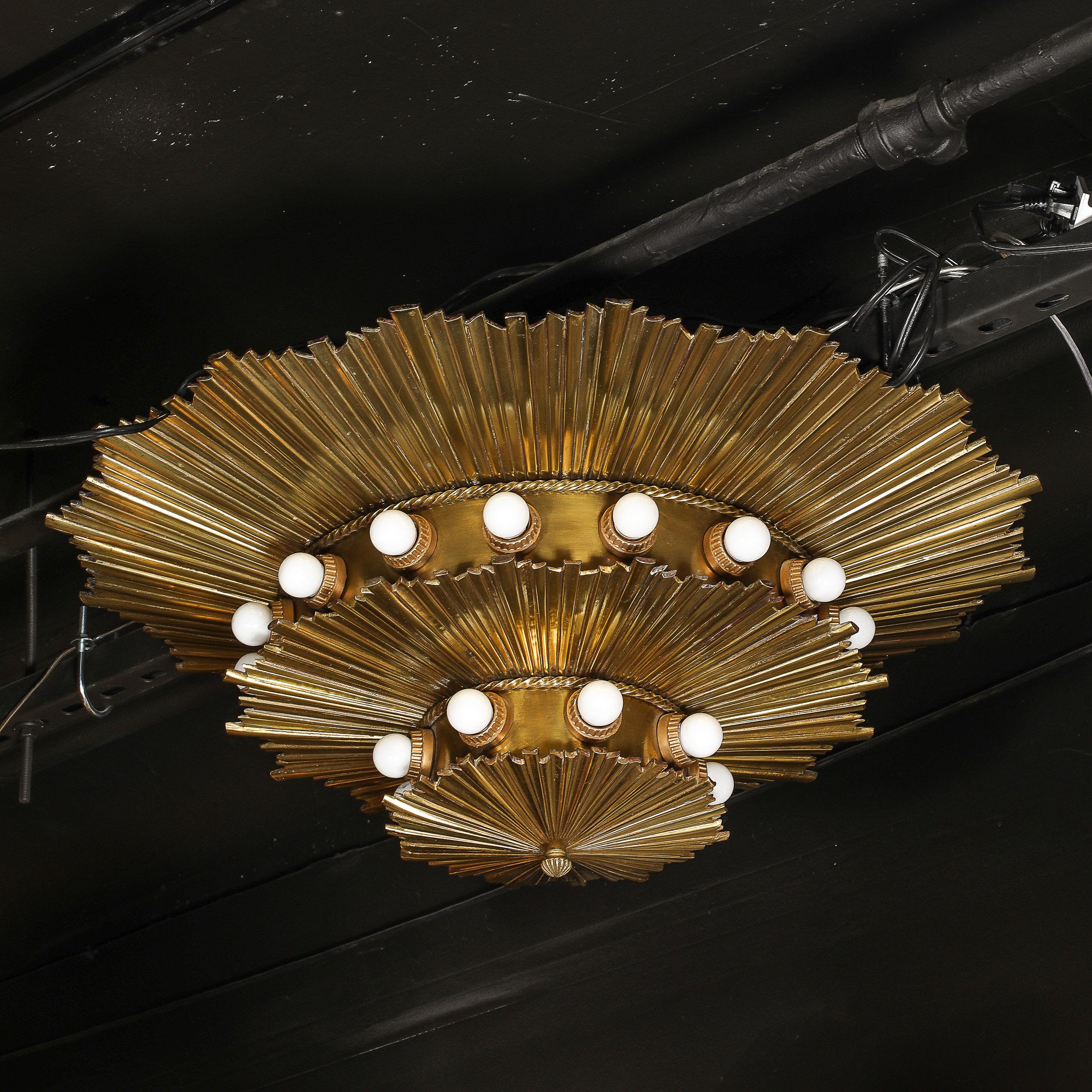 Rare Art Deco Three-Tier Starburst Gilt Bronze Flush Mount Chandelier 7
