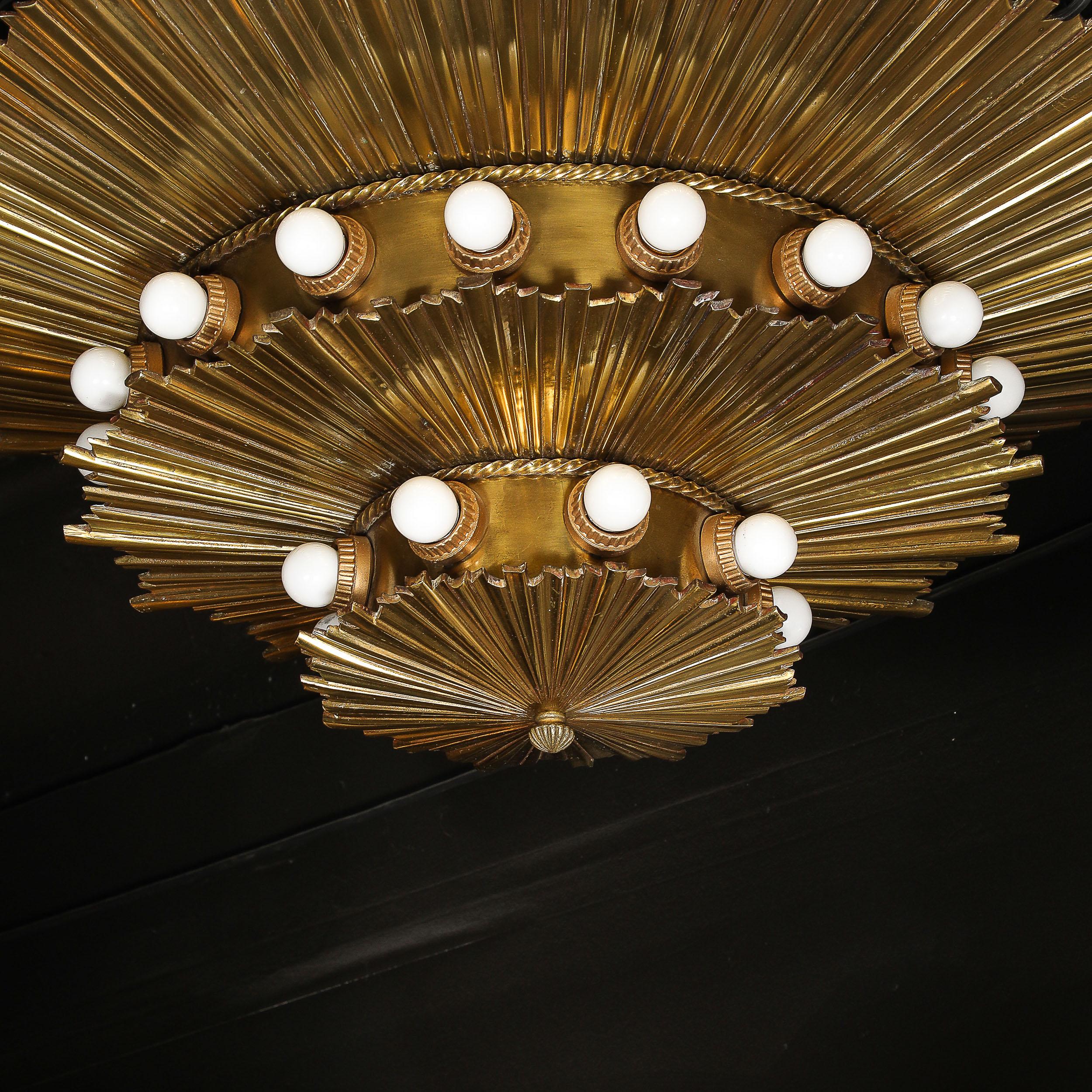 Rare Art Deco Three-Tier Starburst Gilt Bronze Flush Mount Chandelier 8