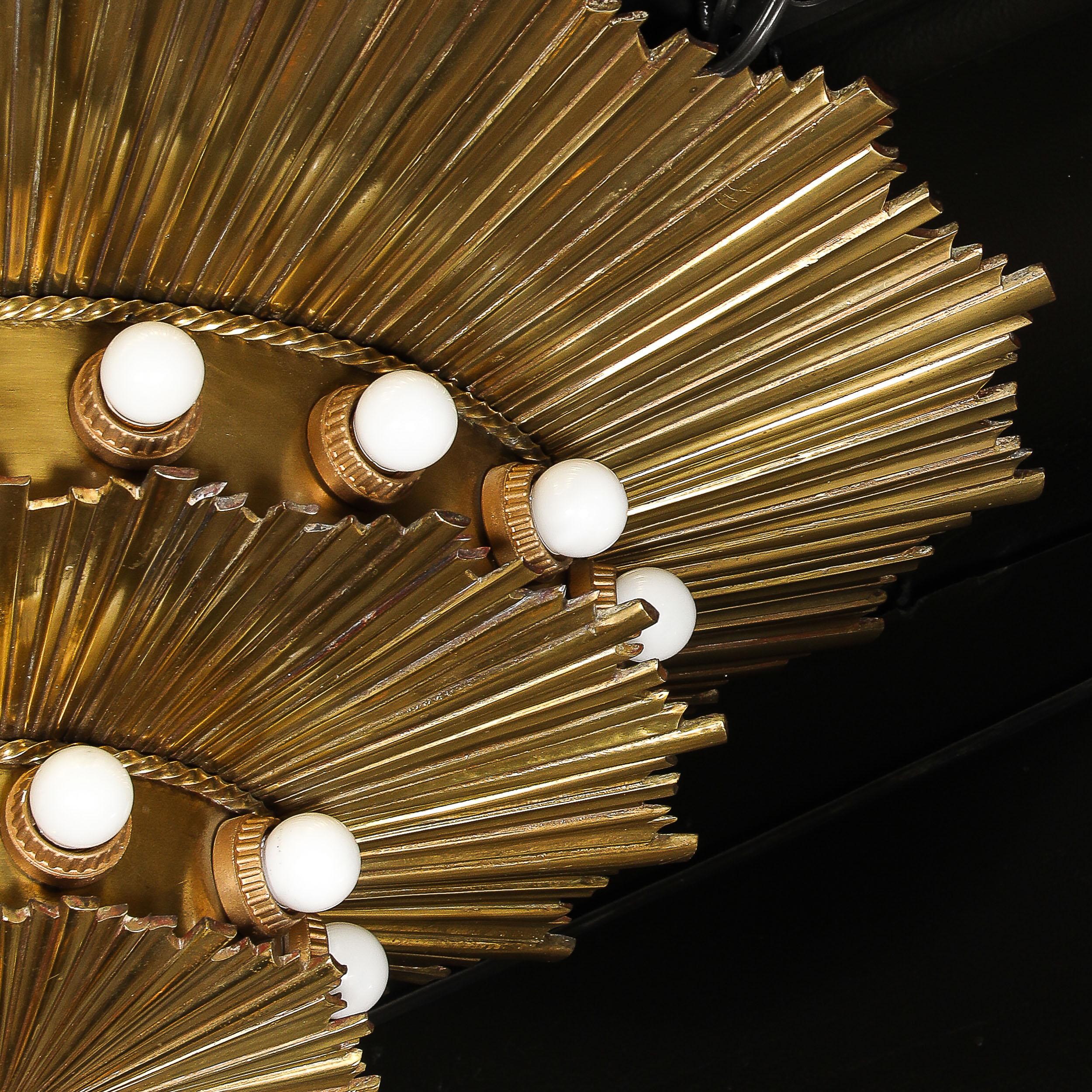 Rare Art Deco Three-Tier Starburst Gilt Bronze Flush Mount Chandelier 9