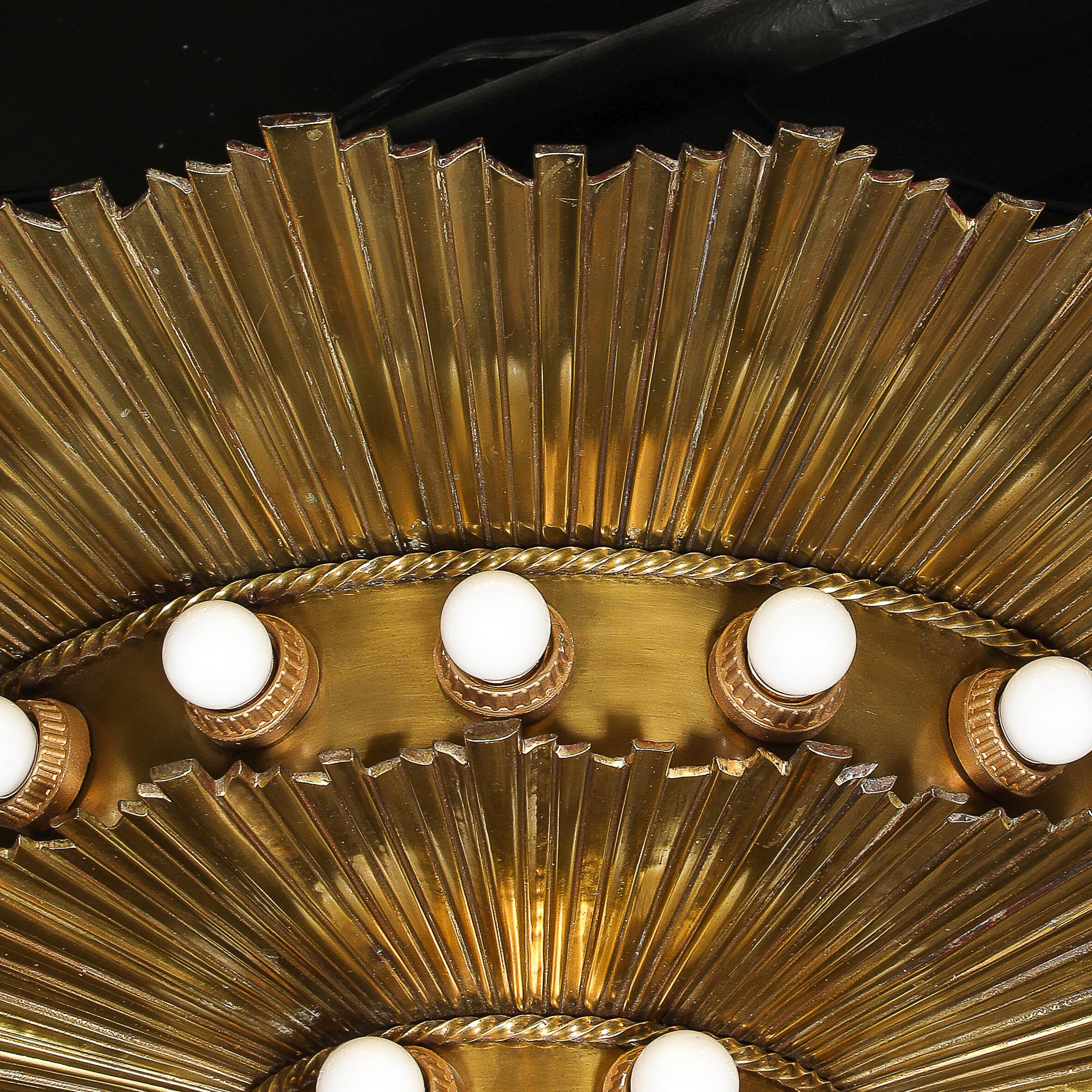 Rare Art Deco Three-Tier Starburst Gilt Bronze Flush Mount Chandelier 10