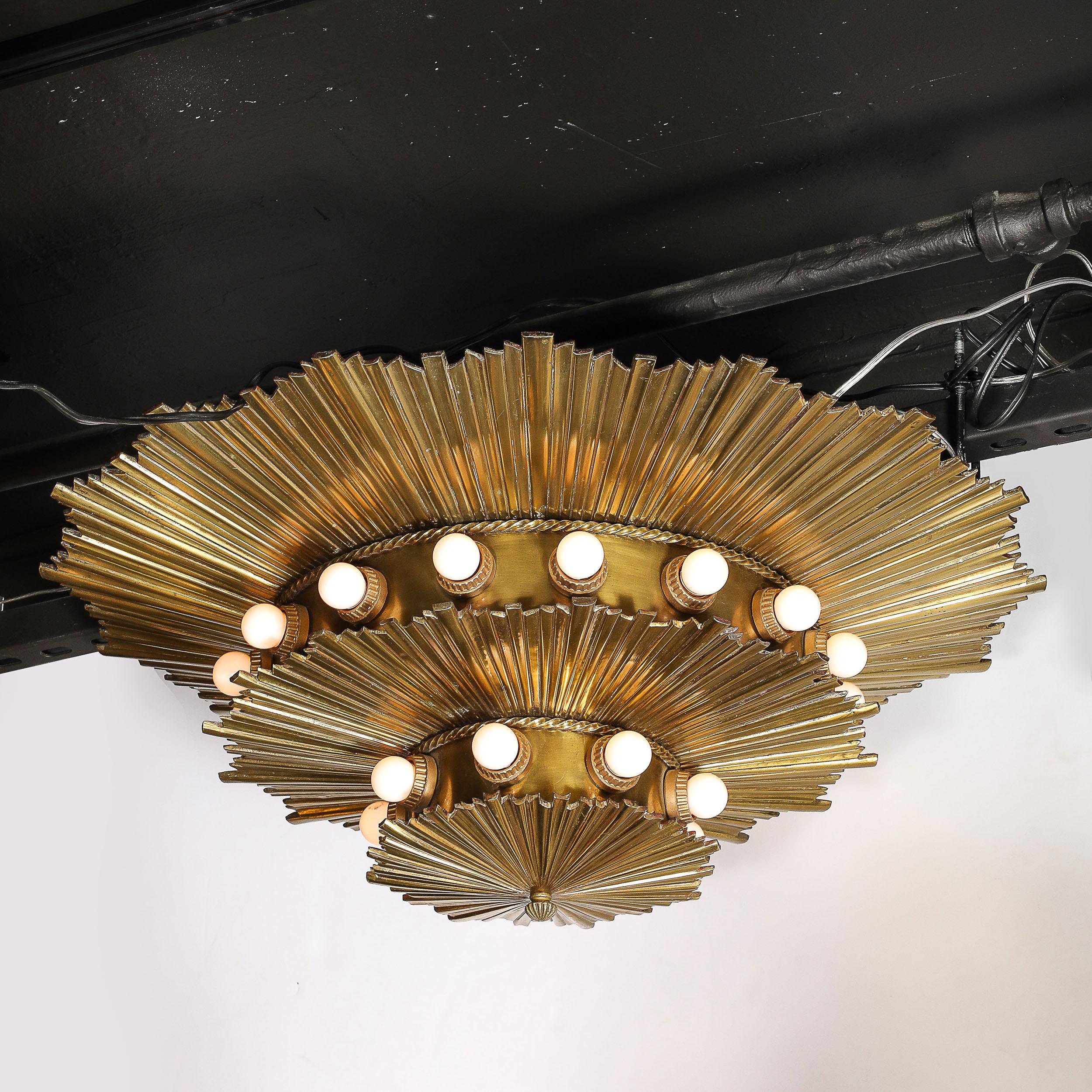 American Rare Art Deco Three-Tier Starburst Gilt Bronze Flush Mount Chandelier