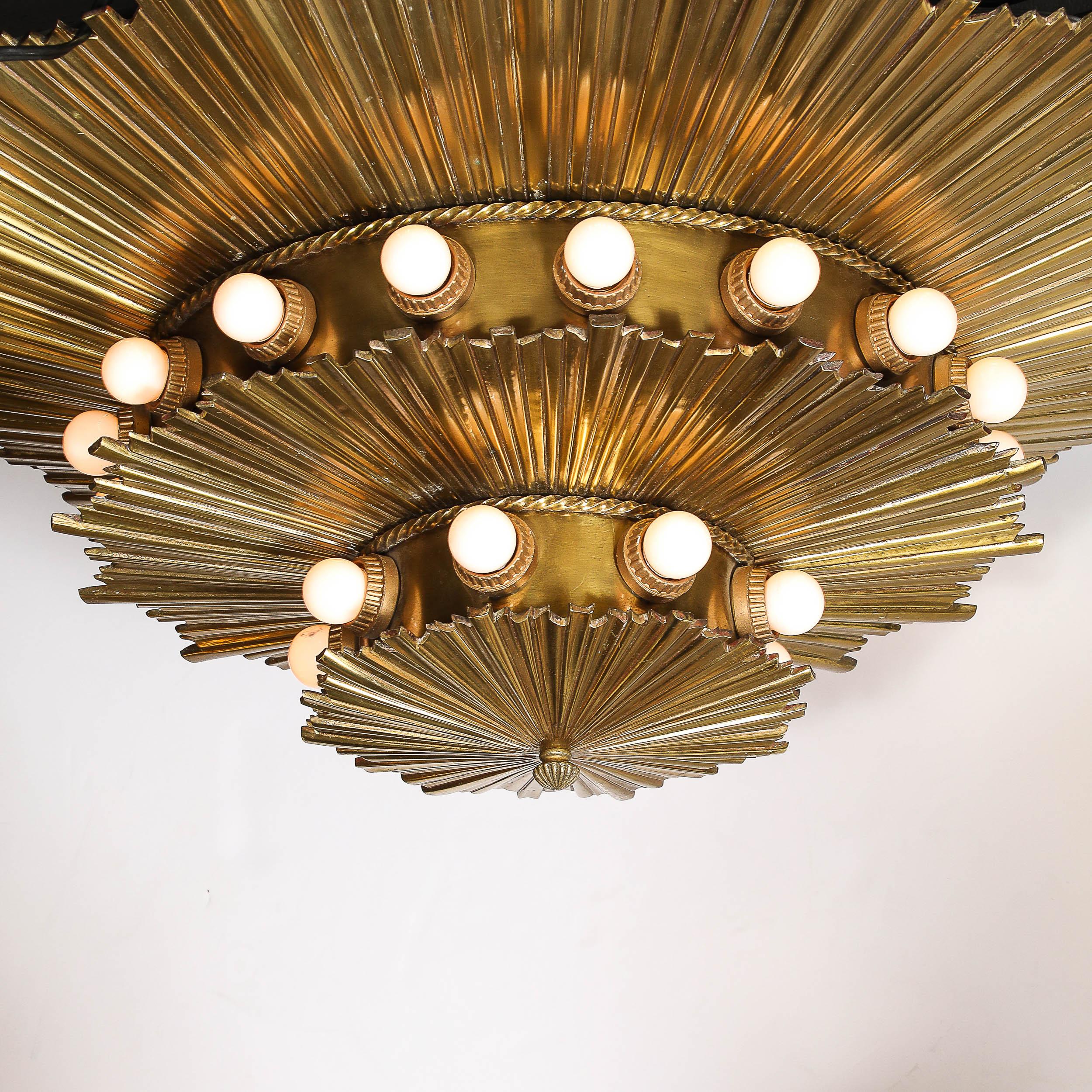 Rare Art Deco Three-Tier Starburst Gilt Bronze Flush Mount Chandelier In Excellent Condition In New York, NY