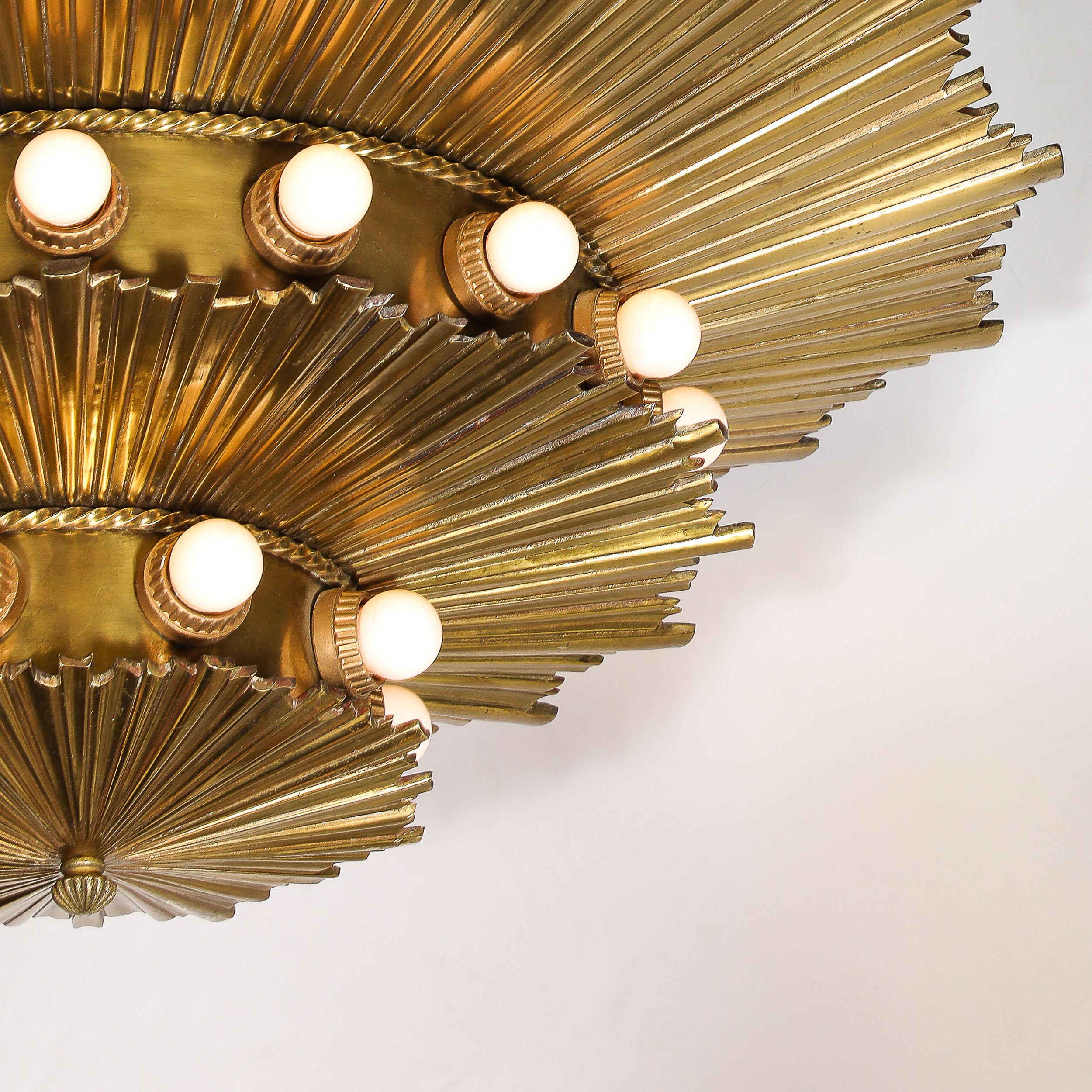 Early 20th Century Rare Art Deco Three-Tier Starburst Gilt Bronze Flush Mount Chandelier