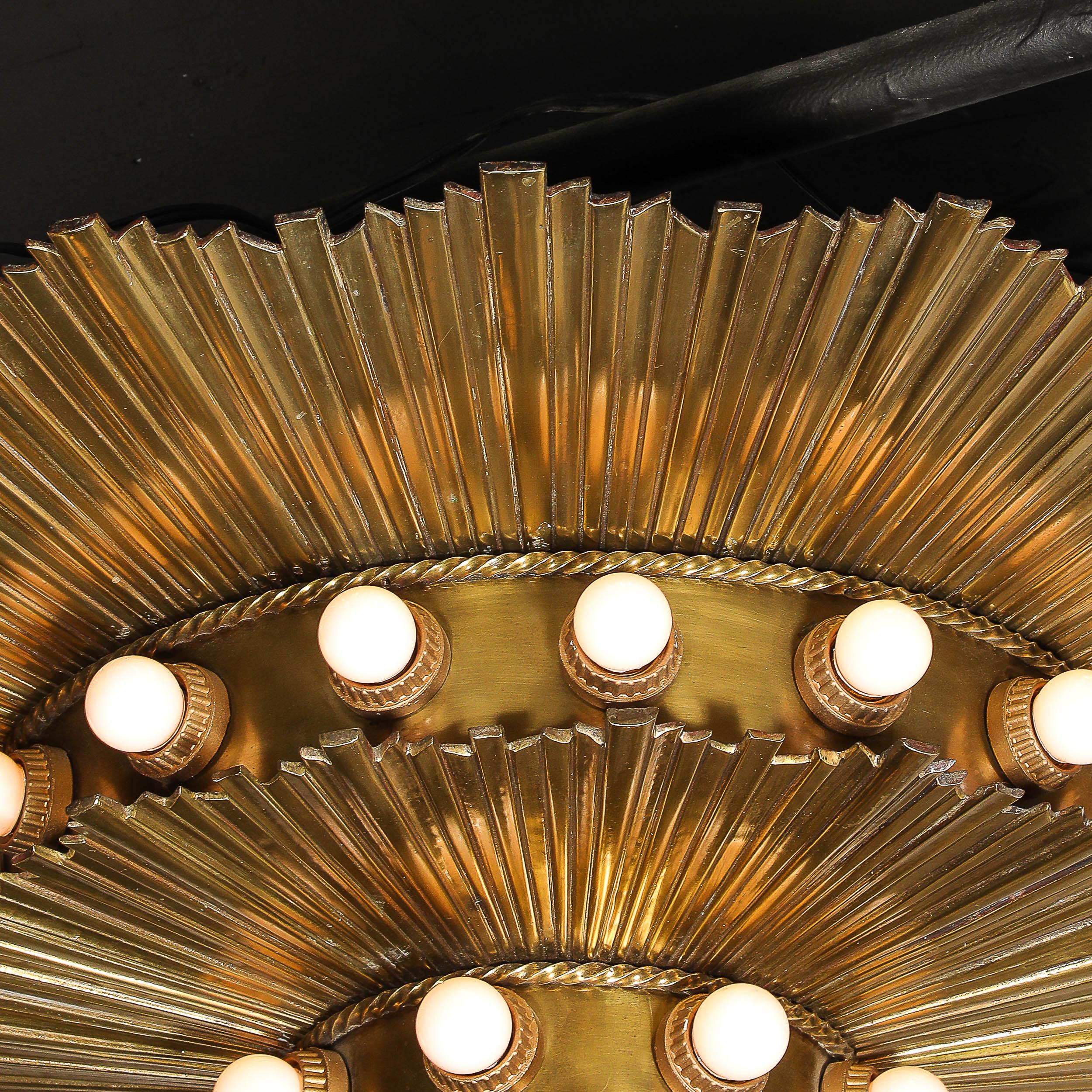 Rare Art Deco Three-Tier Starburst Gilt Bronze Flush Mount Chandelier 1