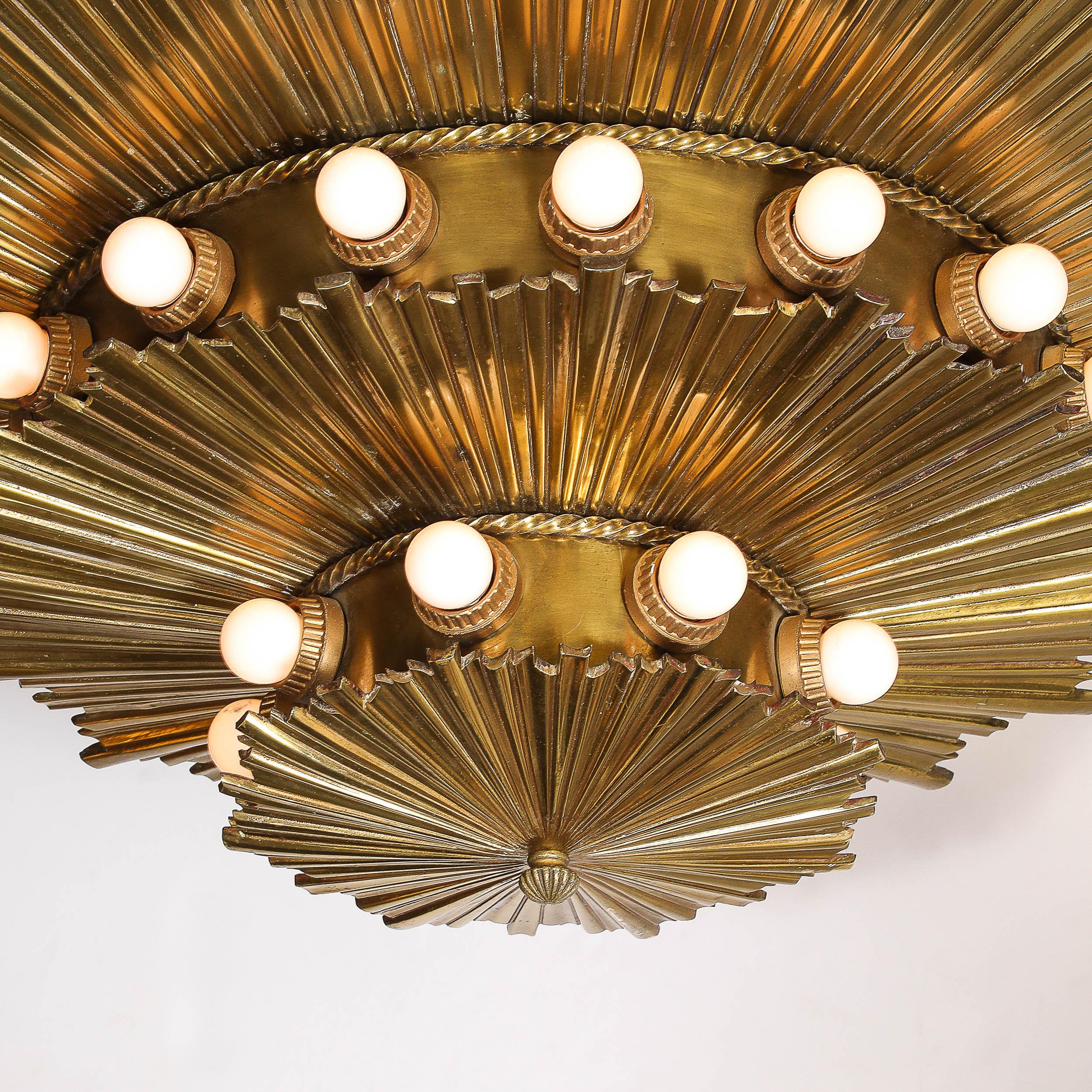 Rare Art Deco Three-Tier Starburst Gilt Bronze Flush Mount Chandelier 2