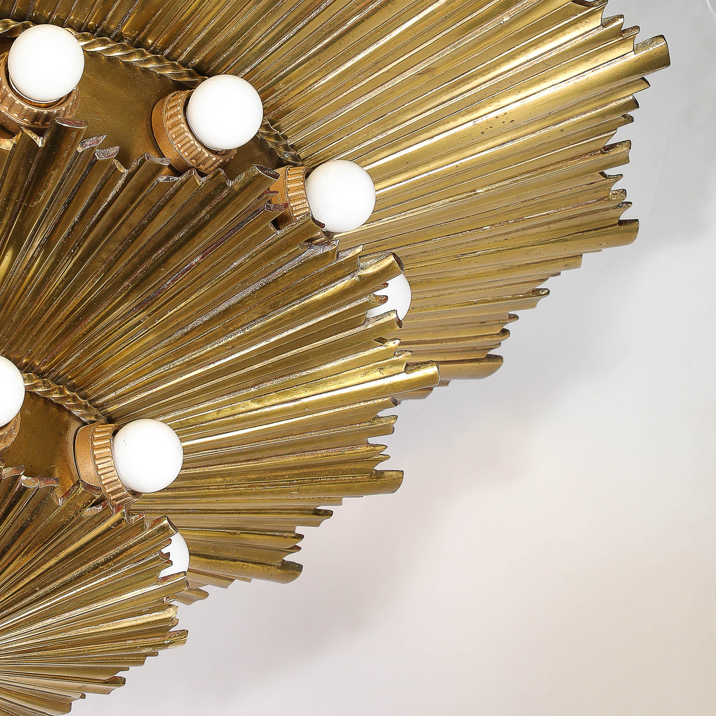 Rare Art Deco Three-Tier Starburst Gilt Bronze Flush Mount Chandelier 3