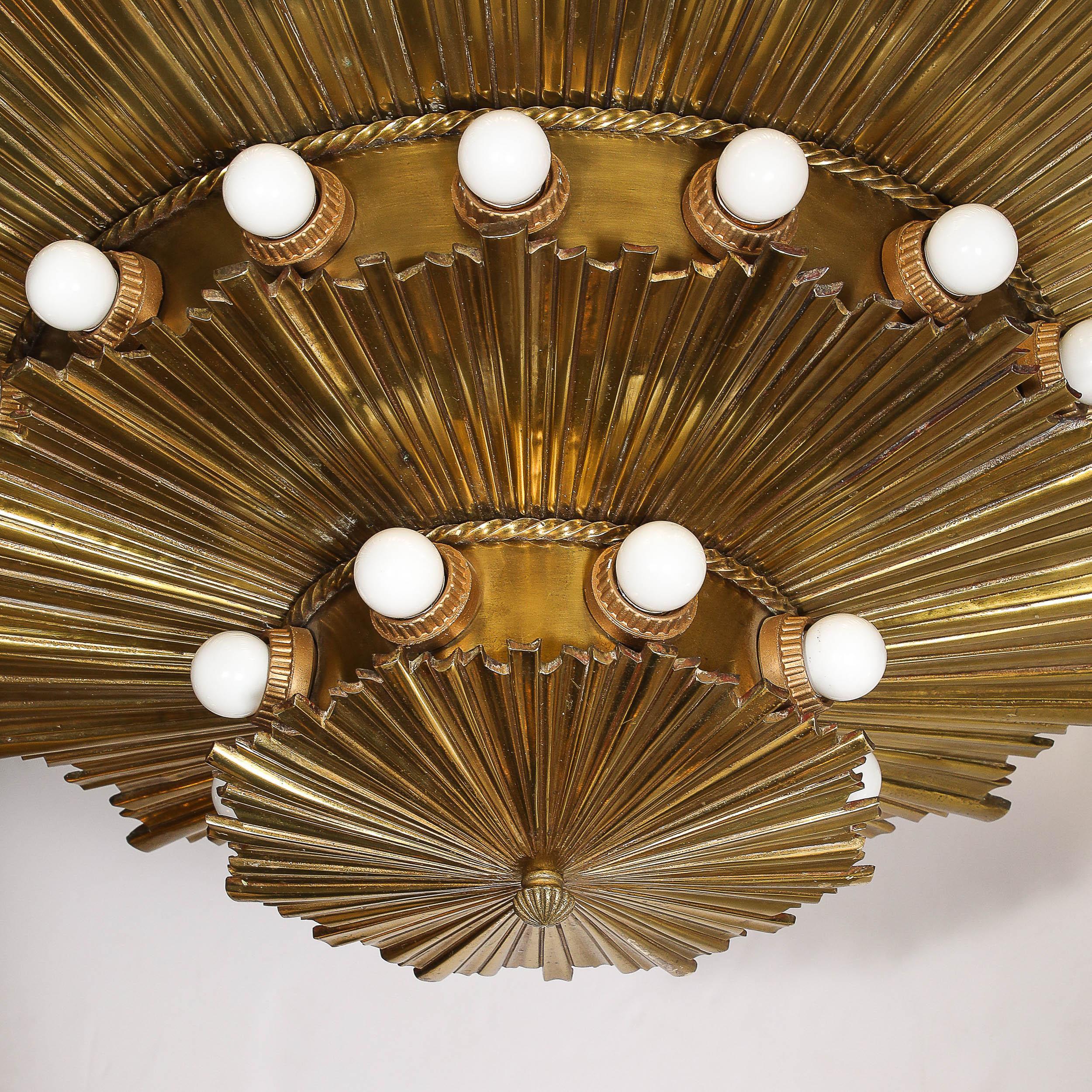 Rare Art Deco Three-Tier Starburst Gilt Bronze Flush Mount Chandelier 4