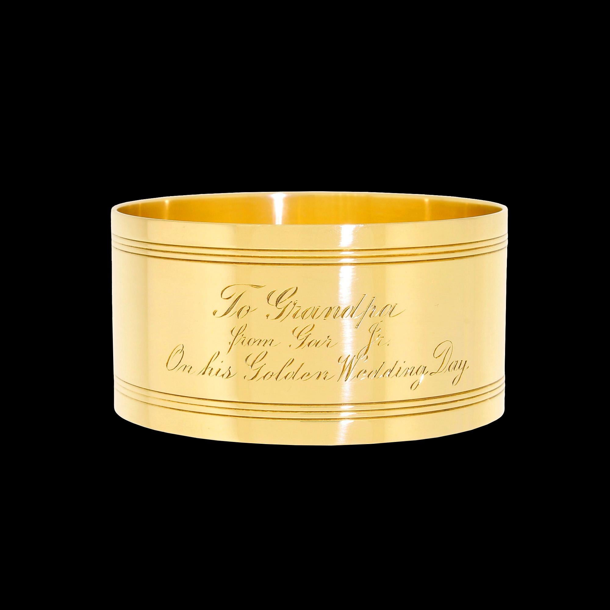 Exceptionally rare solid 18KT yellow gold napkin ring by Tiffany & Co.
Not many of these beautiful napkin rings have survived the past 99 years. With the stock market crash of 1929, the Great Depression which lasted 12 years, and World War II,
