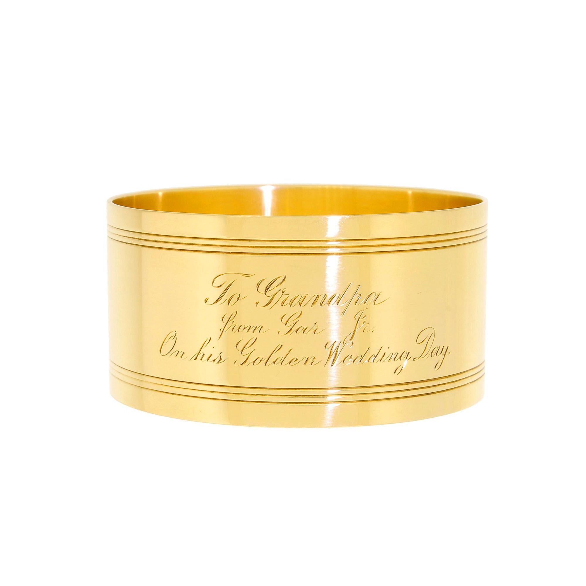 Art Deco Tiffany & Co. 18 Karat Solid Gold Engraved Napkin Ring 47.60 Grams 1920 1