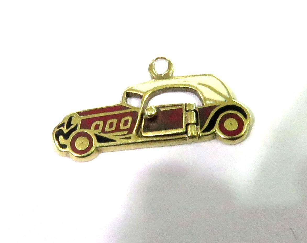 Women's or Men's Rare Art Deco Two-Seat Sports Car Movable Enamel Love Charm Pendant For Sale