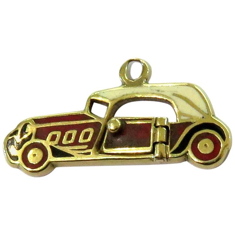 Rare Art Deco Two-Seat Sports Car Movable Enamel Love Charm Pendant For Sale