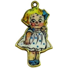Rare Art Deco Two-Sided Enamel Little Girl Carrying Doll Gold Charm