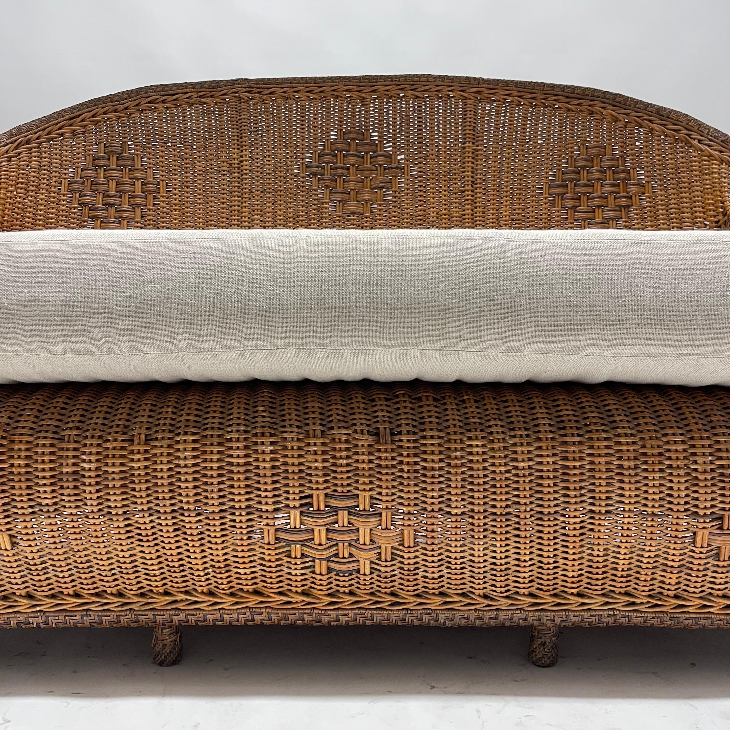 Rare Art Deco Wicker and Rattan Sofa with Linen Cushions, circa 1930s 7