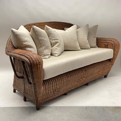 Rare Art Deco Wicker and Rattan Sofa with Linen Cushions, circa 1930s